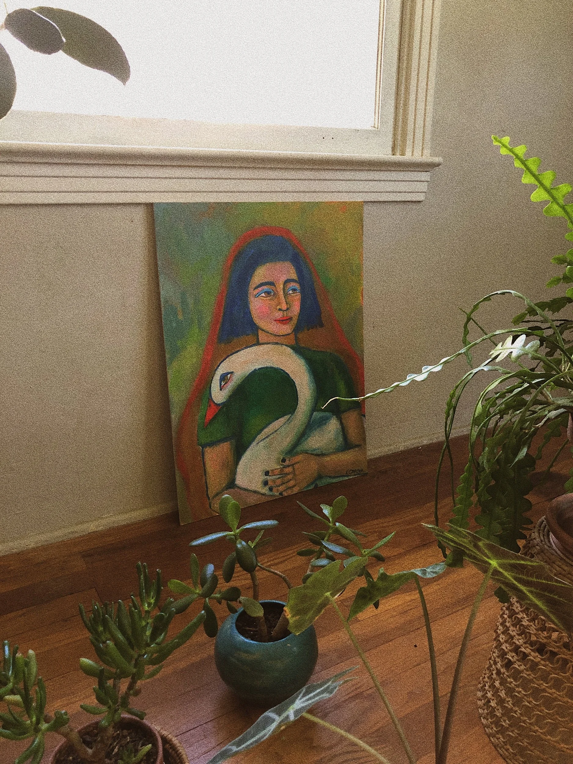 girl with swan, swan painting, large painting, loft painting, portrait painting, spiritual art, kelsea carter, california artist, new york city, loft art, swan