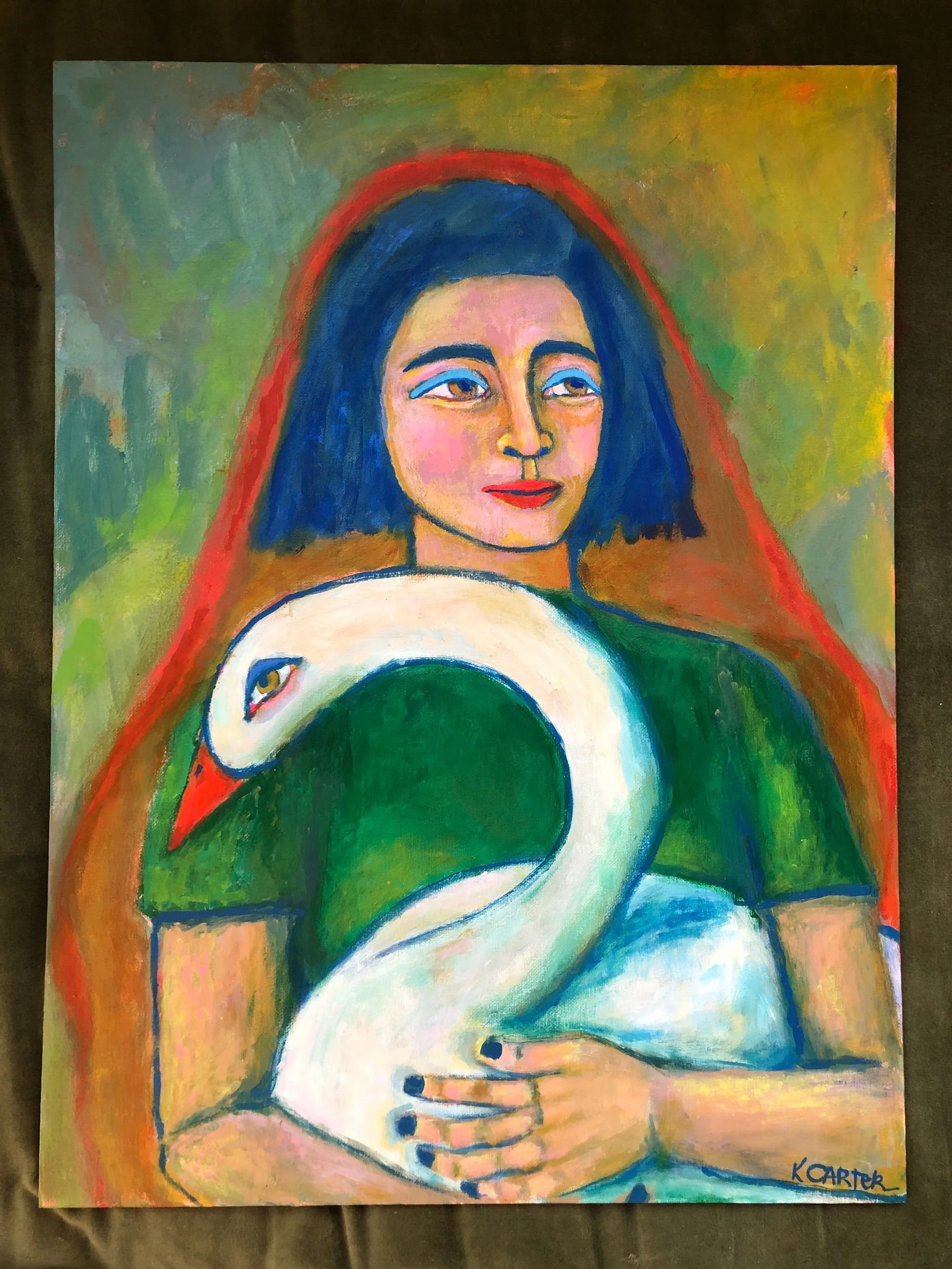girl with swan, swan painting, large painting, loft painting, portrait painting, spiritual art, kelsea carter, california artist, new york city, loft art, swan
