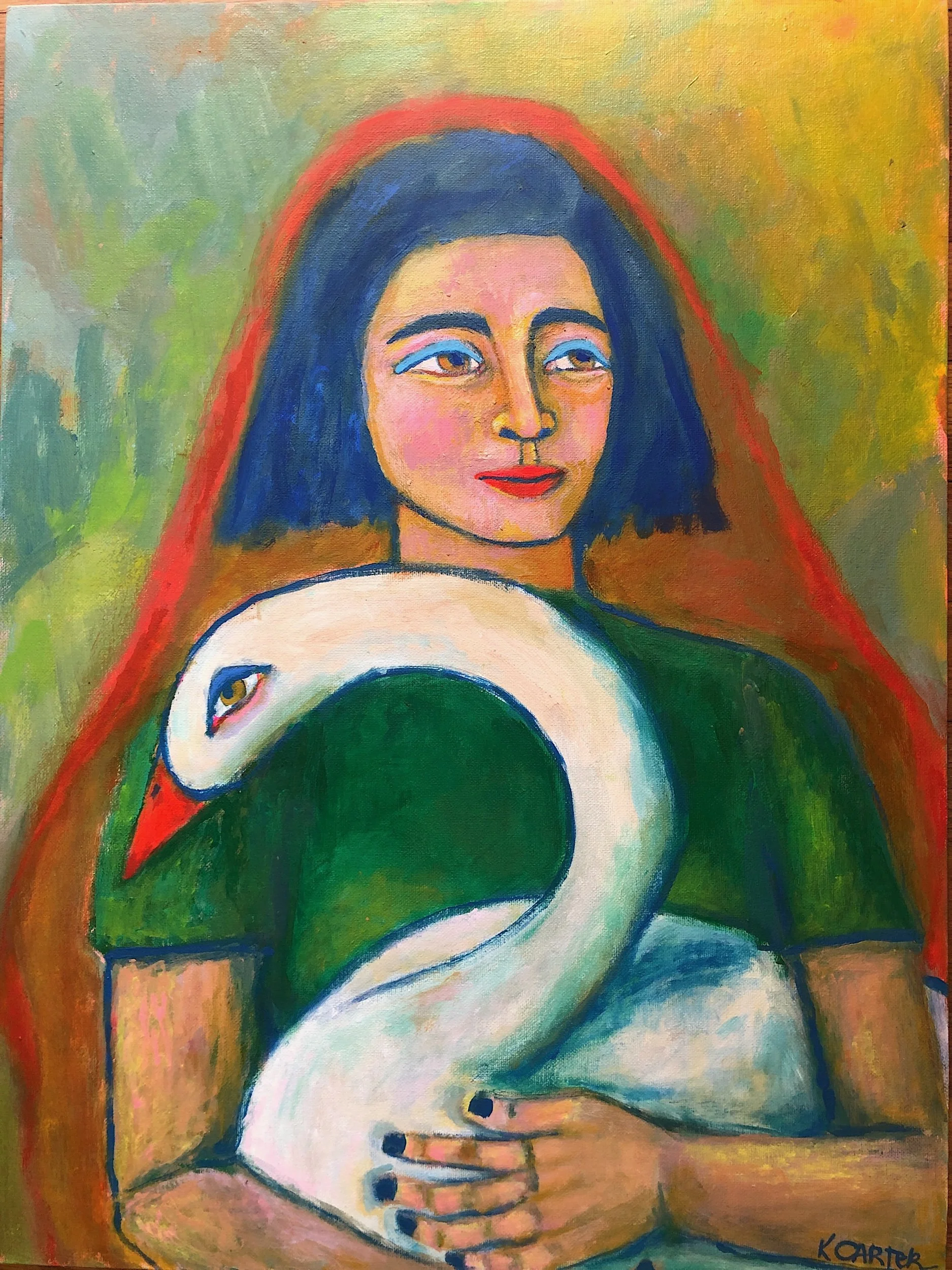 girl with swan, swan painting, large painting, loft painting, portrait painting, spiritual art, kelsea carter, california artist, new york city, loft art, swan