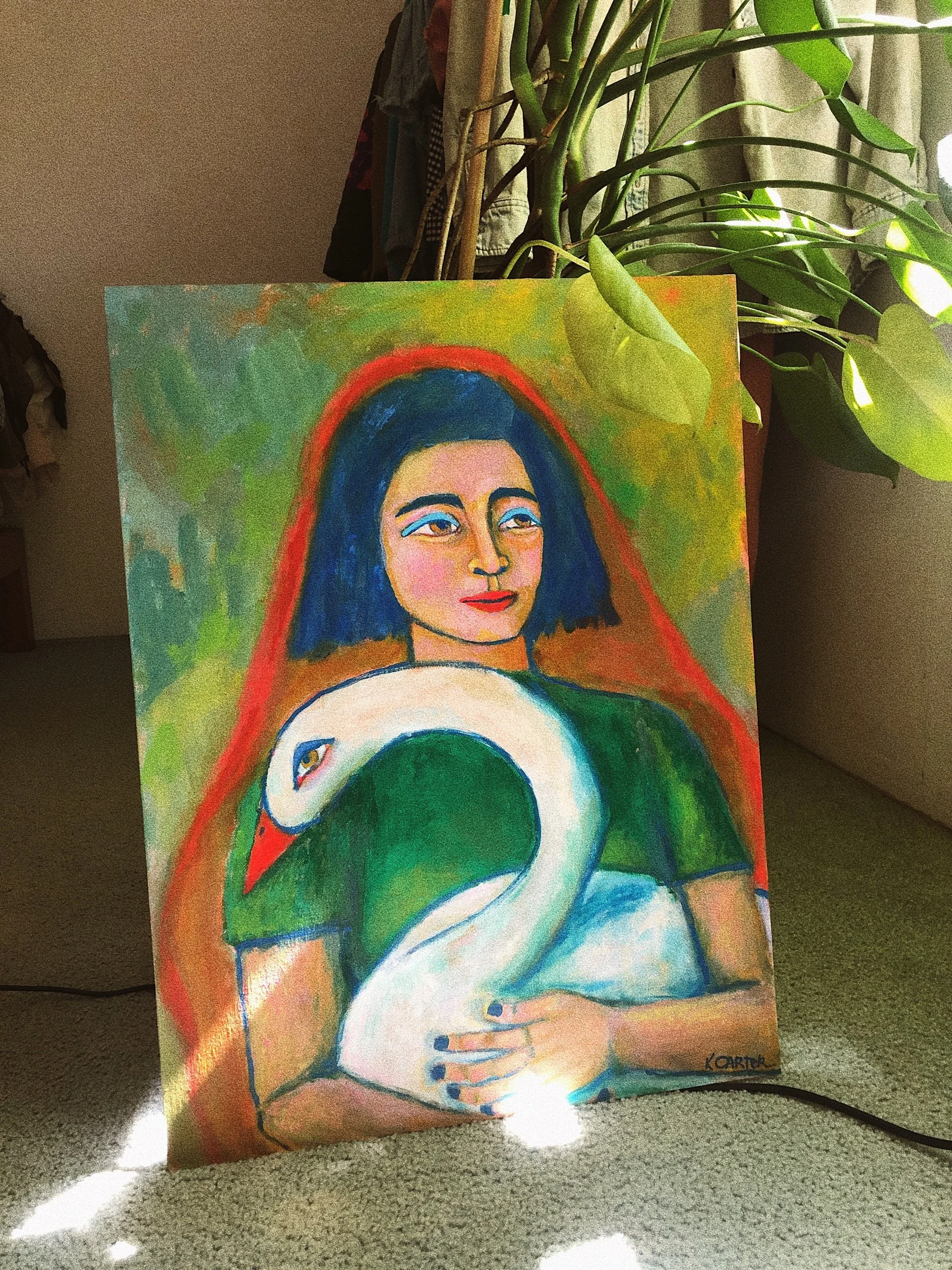 girl with swan, swan painting, large painting, loft painting, portrait painting, spiritual art, kelsea carter, california artist, new york city, loft art, swan