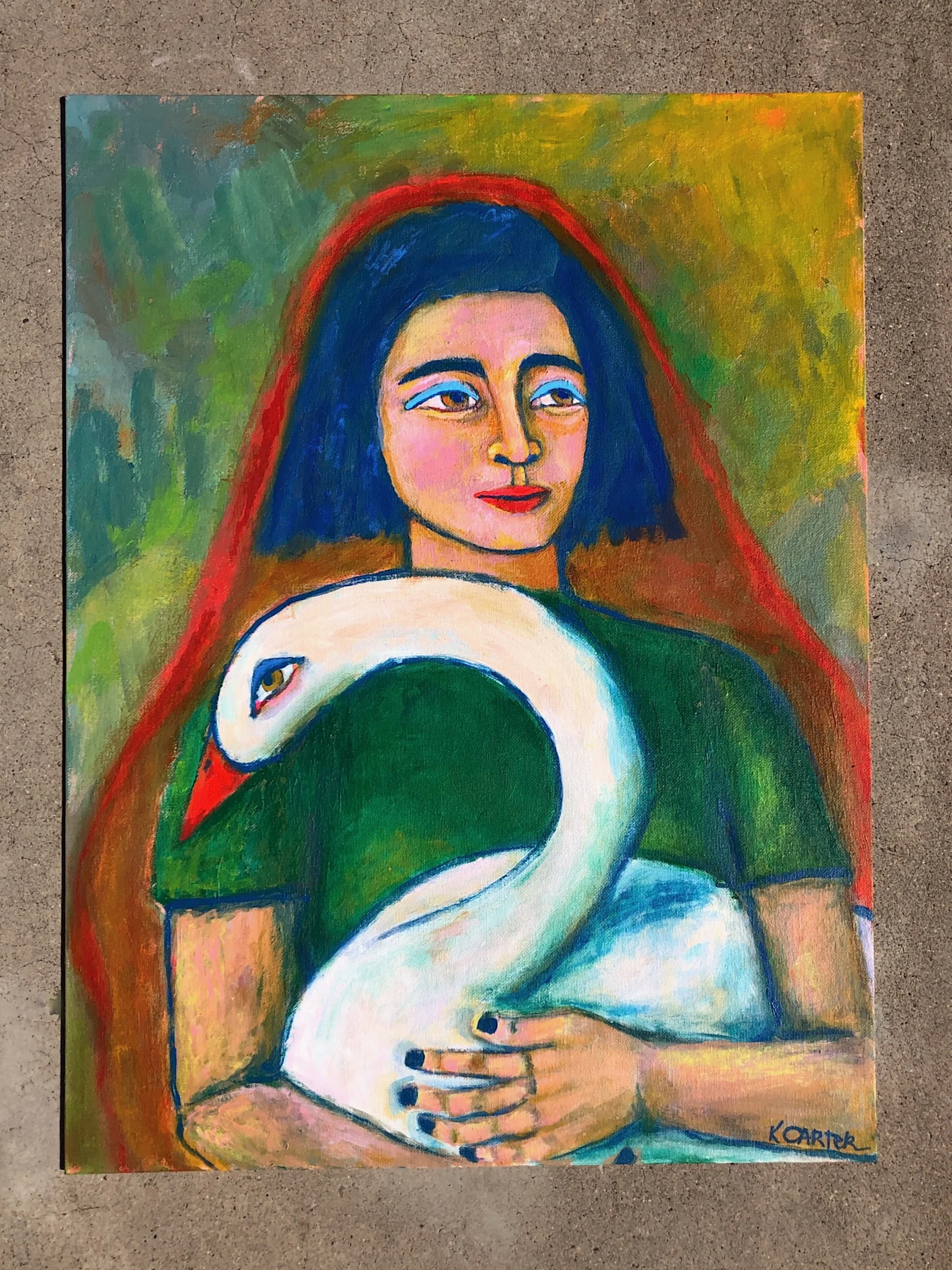 girl with swan, swan painting, large painting, loft painting, portrait painting, spiritual art, kelsea carter, california artist, new york city, loft art, swan