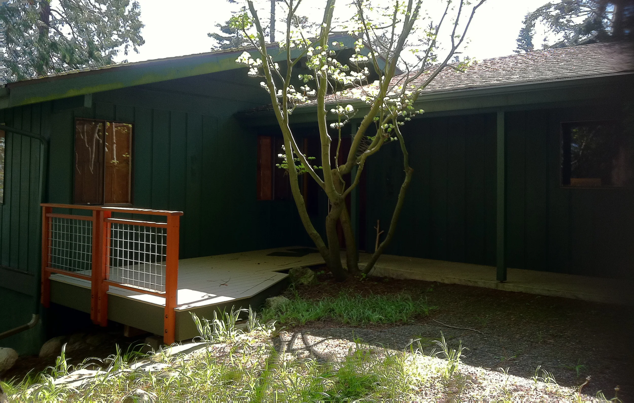 Before picture of home entry- T-111 siding with mold, old fashioned aluminum windows, no trim. Deck new from phase 1......
