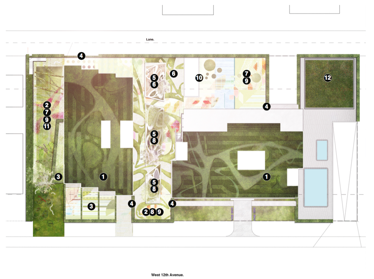 Landscape design and Image by Atelier Anonymous 1. Roof Garden 2. Apt Park 3. Residents Gardens 4. Apt Access 5. Raised Garden Space 6. Children's Play 7. Games Area 8. Seating & Lounging 9. Gathering 10. Eating 11. Film Screening 12. Covered Bicycle Storage