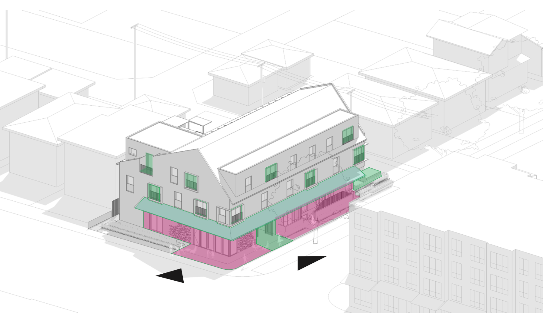 The architectural design strives to make connections outwardly to the surrounding neighbourhood. The corner of Ontario Place and Main Street becomes a welcoming space for all the community to gather, with the Common House purposefully placed adjacen