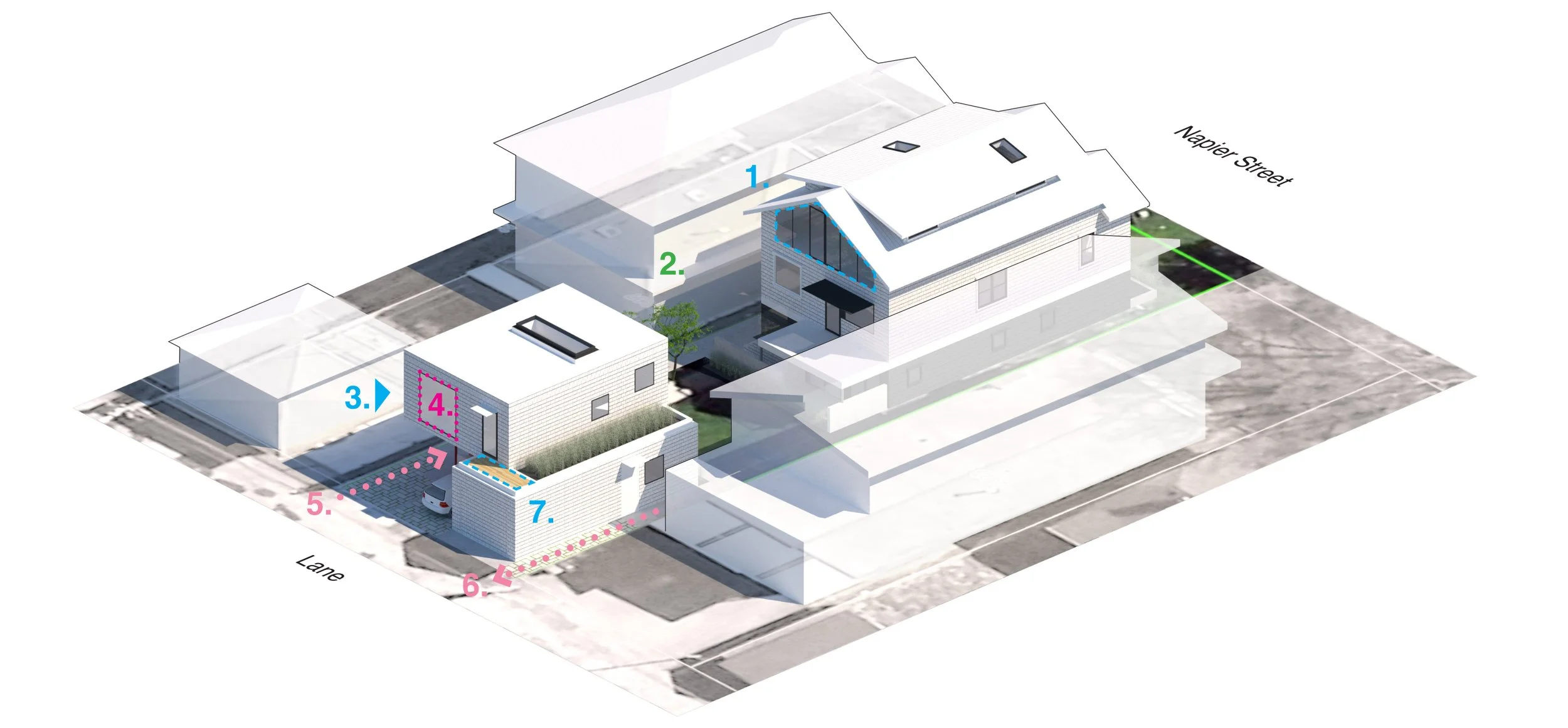   1.  New modern glazing wall maximizes daylight and northern views over the flat infill roof.  2.  New yard planting reinforces the site’s planning organization.  3.  The Upper floor of the infill is 8’ back from the lane side property line to furth