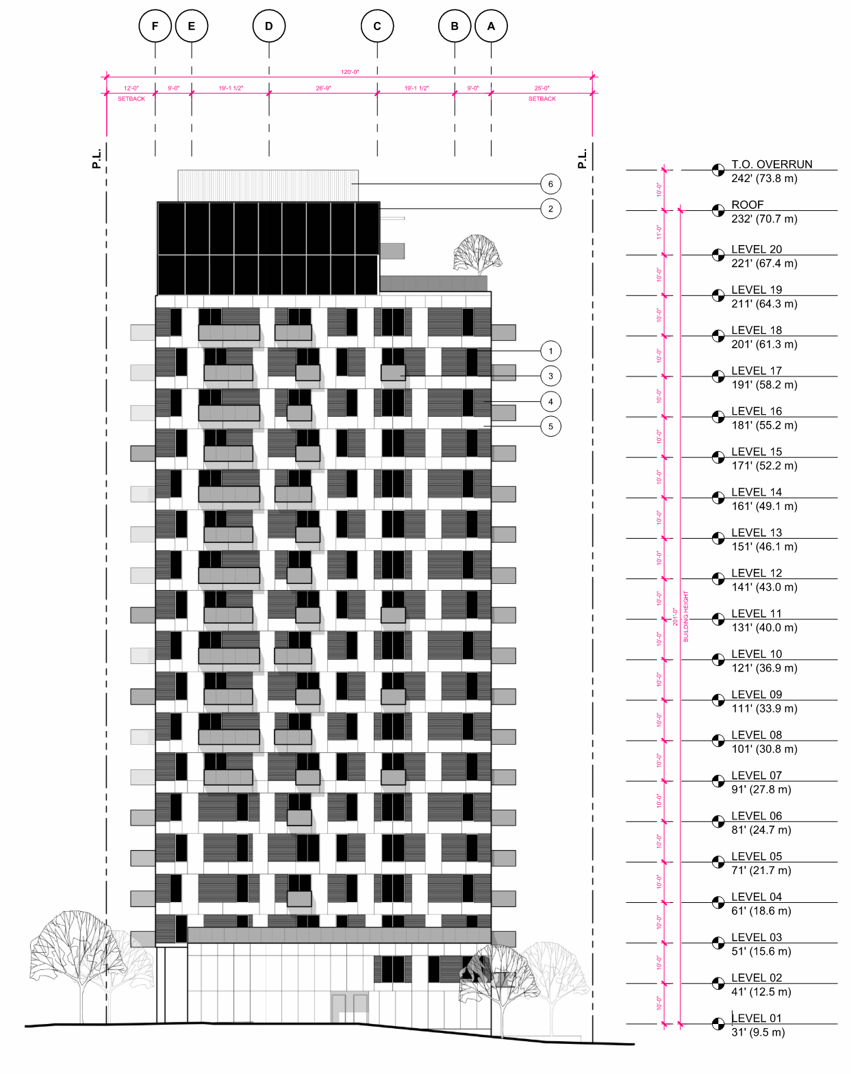   1.  PUNCHED WINDOW GLAZING  2.  CURTAIN WALL GLAZING  3.  GLASS GUARDRAIL  4.  HORIZONTAL METAL PANEL  5.  ACM METAL CLADDING  6.  METAL MECHANICAL SCREEN 