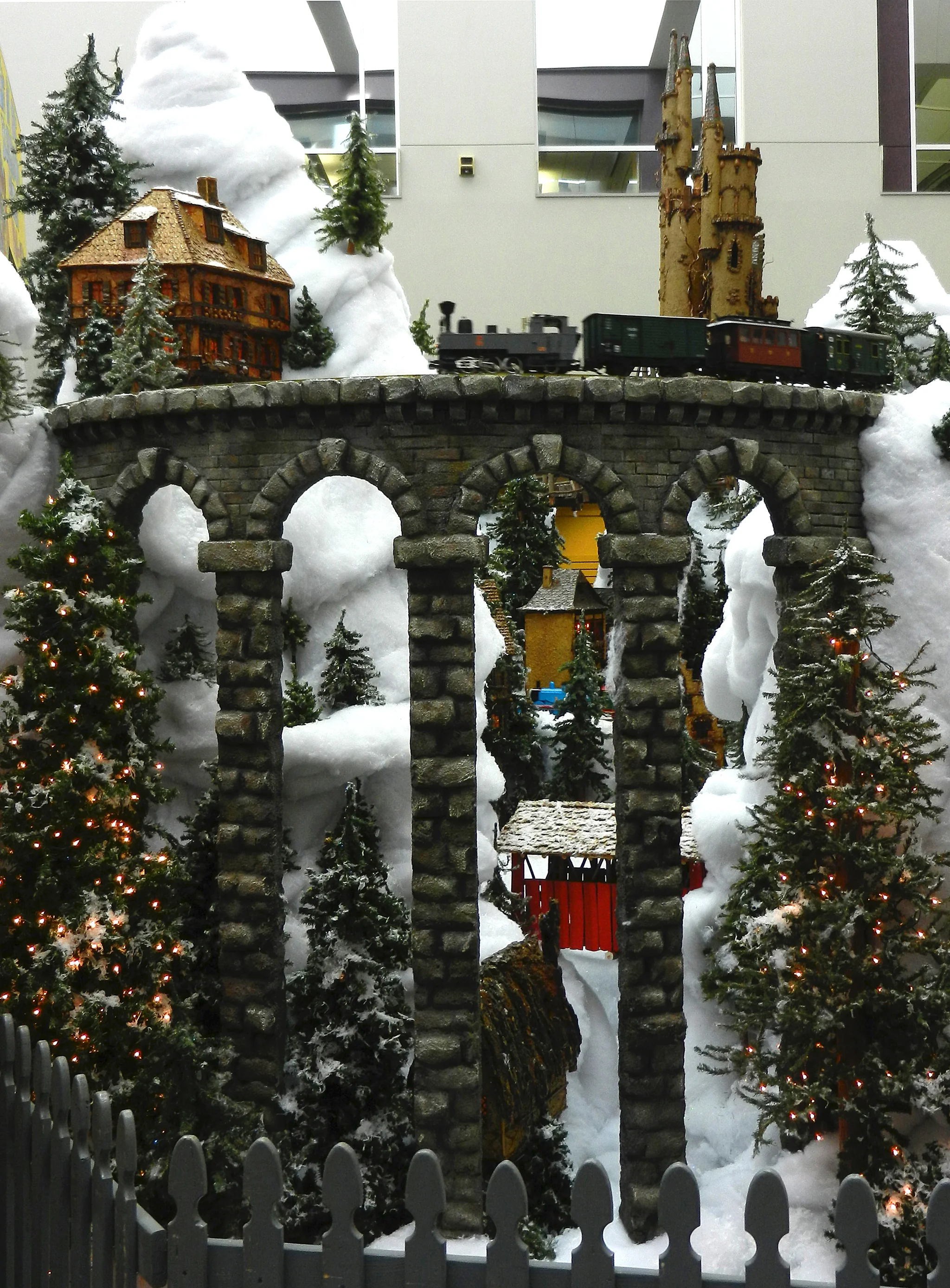 Train crossing the viaduct at Columbus Metropolitan Library