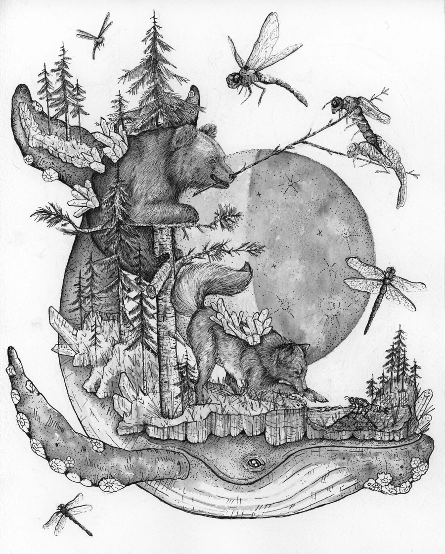 “Eclose” 8" x 10” Pen and ink, watercolor, and gold leaf on paper SOLD