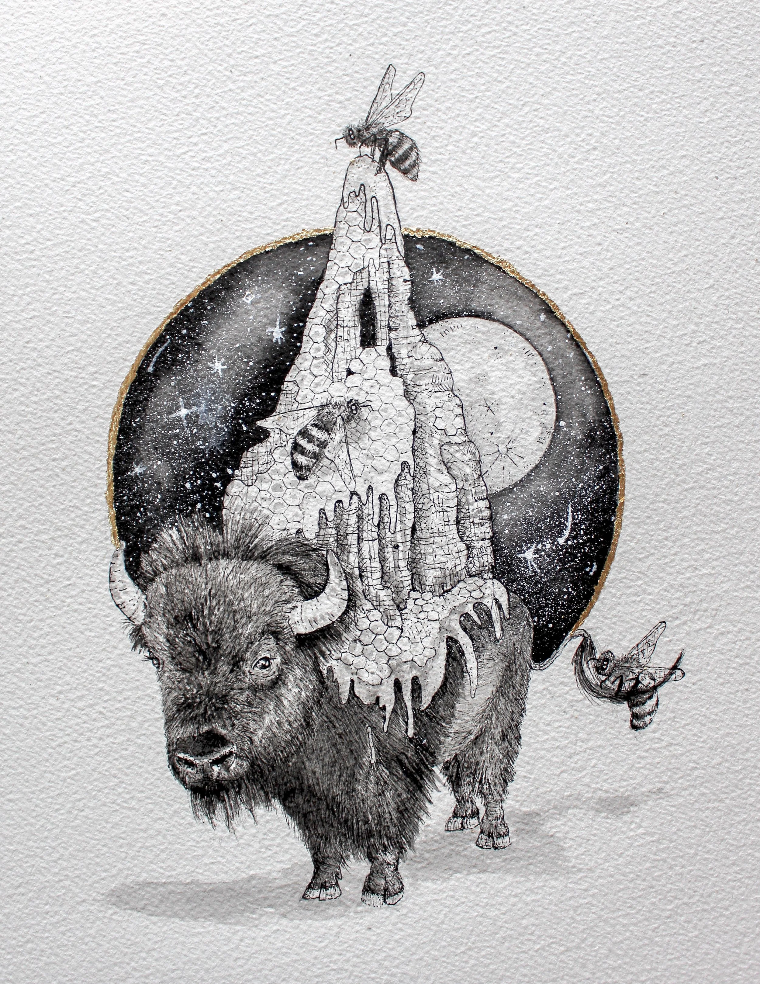 “Stand Tall, Honey” 10” x 8” Pen and ink, watercolor, and gold leaf on paper Available for purchase. Contact Sparks Gallery