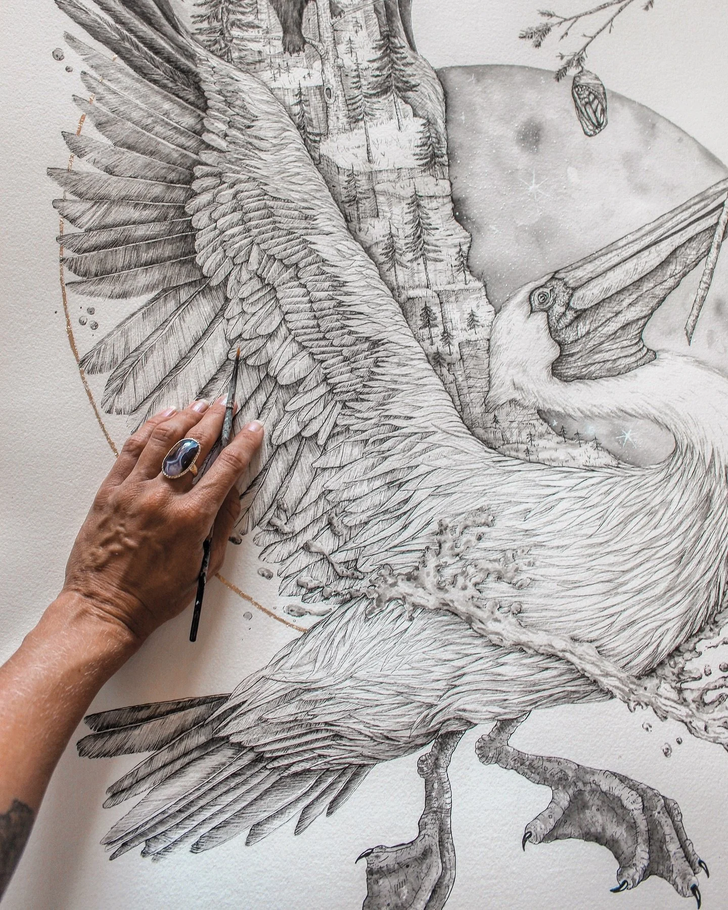 “Pelican Spirit”
34”x48”
Pen and ink on paper 
2019
Private client commission 
Wait, who remembers this piece?!
Diving into the archives of Marissa Quinn Art right now and this one is just too fun with all those yummy lines ?