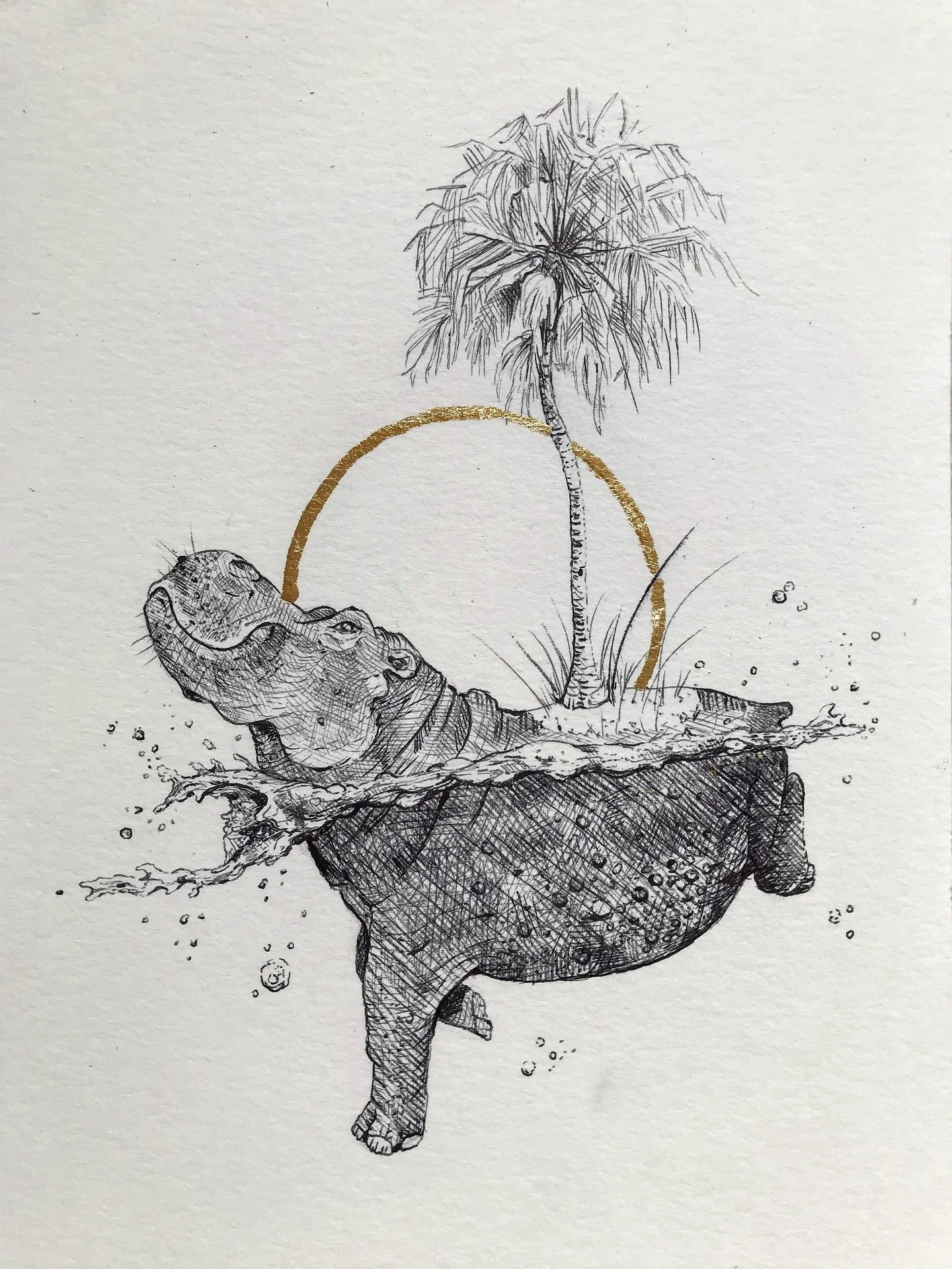 🦛 + 🌴+ 🌊 
…because why not?! 🤷‍♀️
 6” x 9”
Ballpoint pen + gold leaf on paper
(Sketch for a private client)