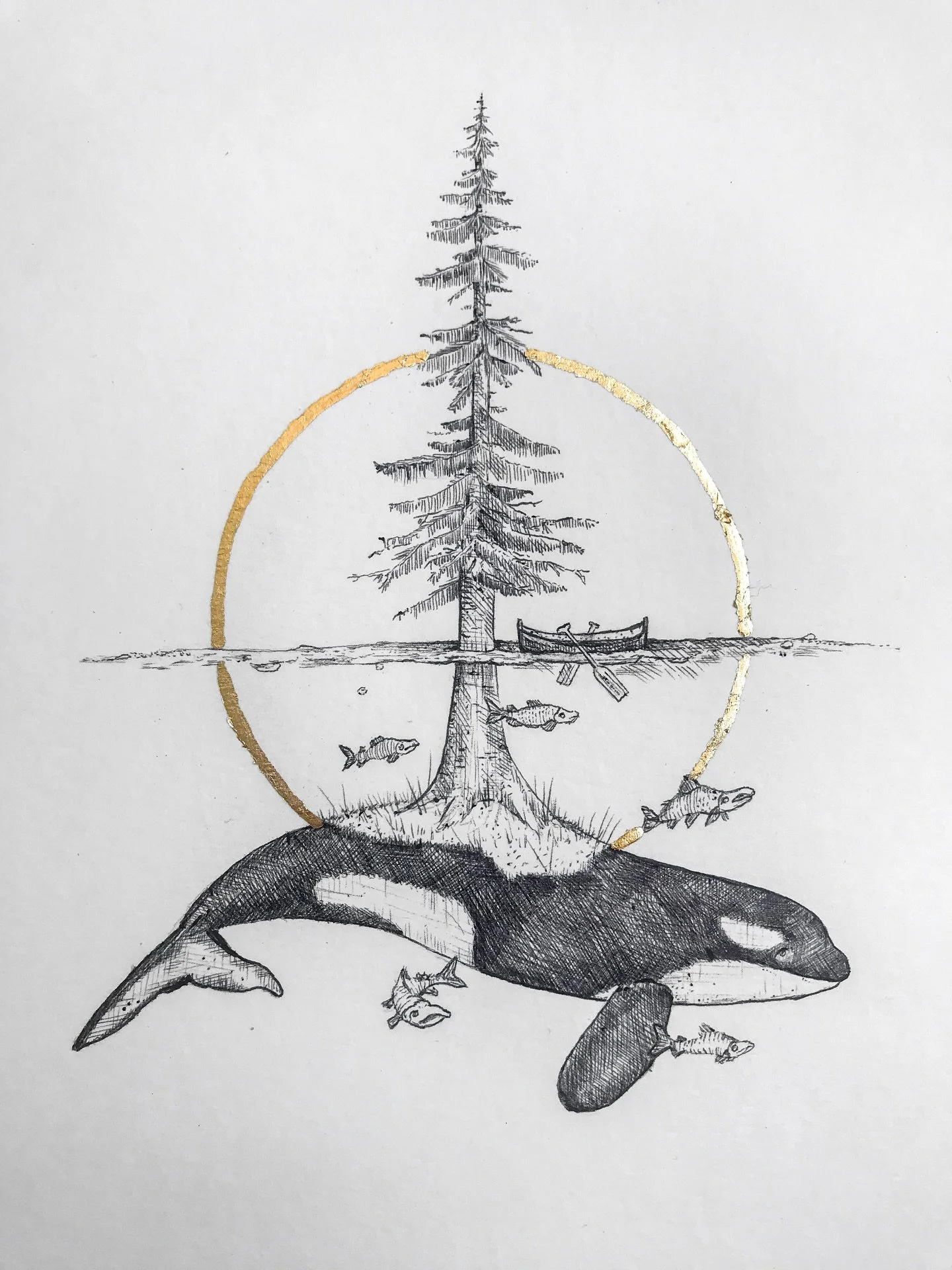 A sketch from the PNW 🌲
Redwood, orca, salmon, and a little row boat🫶 (getting excited to visit next month)
5” x 7”
Ballpoint pen + gold leaf on paper