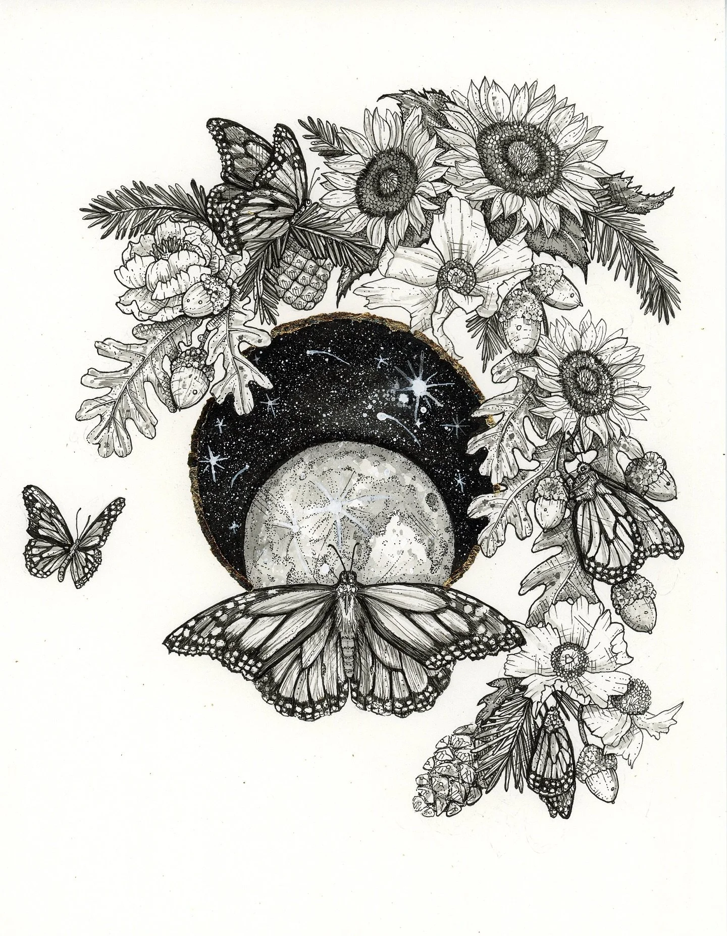 I made a drawing 
of what it might look like 
to begin a new beginning 🪽

&ldquo;Unfurling of New Wings&rdquo;
11&rdquo; x 14&rdquo;
Pen and ink + gold leaf on paper