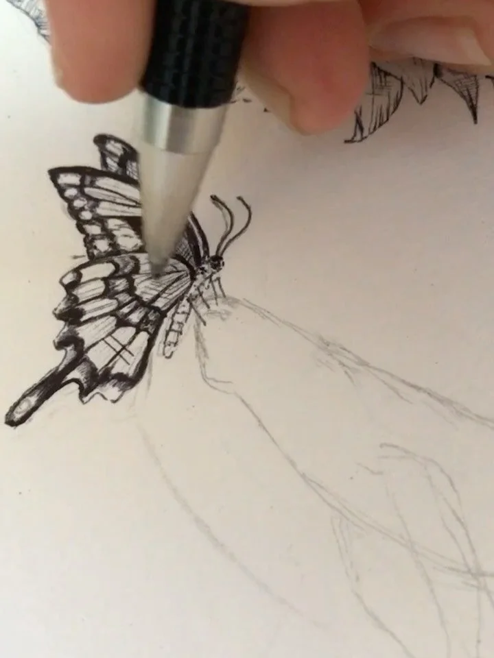 More layering of lines 🖊️ 
Zebra ballpoint pens 🤌 Anyone else love &lsquo;em? 
__________
This sketch: Tiger Swallowtail butterfly, humpback whale, and sunflower 
6&rdquo;x 8&rdquo; 
Ballpoint pen + gold leaf on watercolor paper