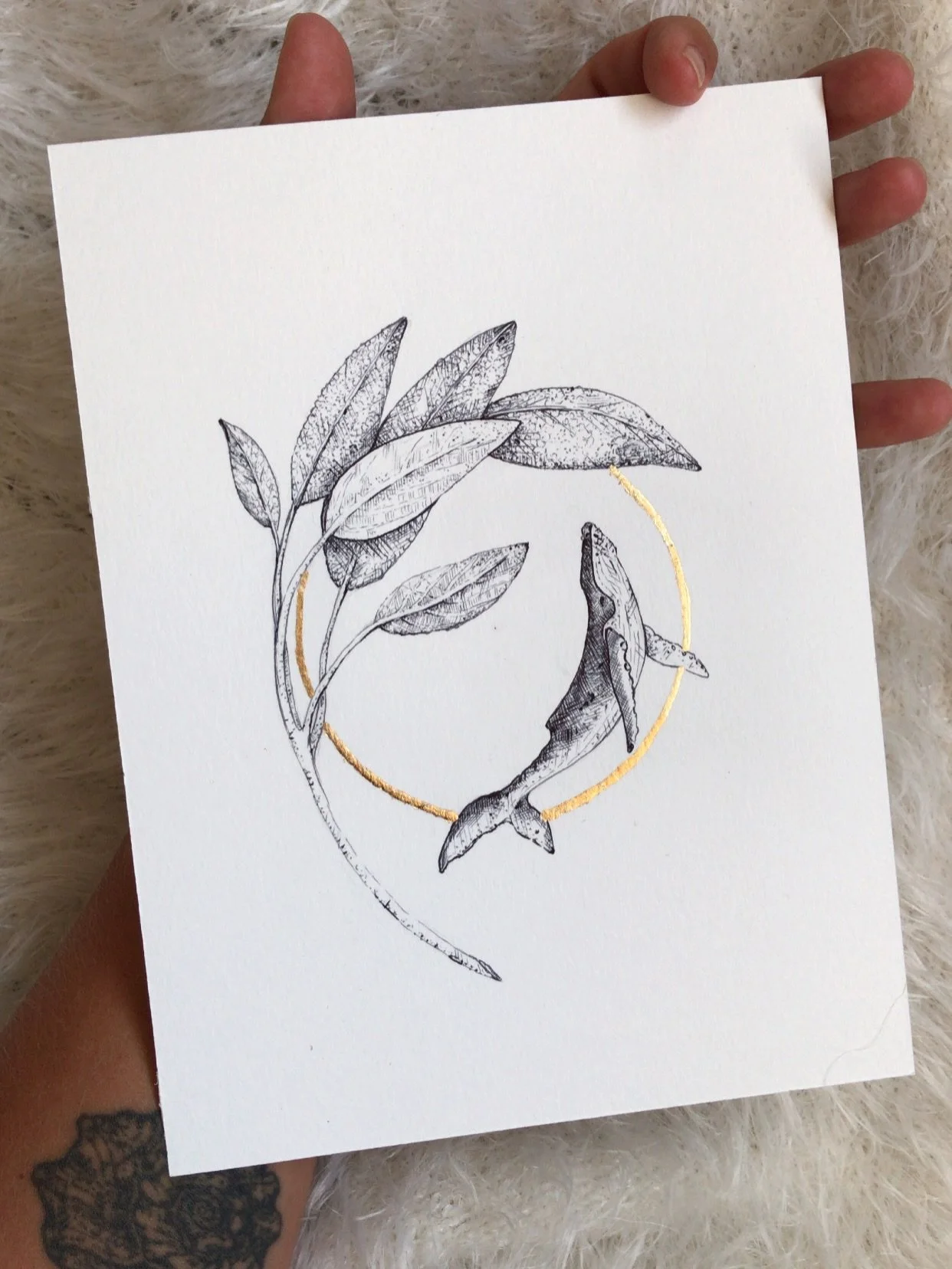 Name a better duo&hellip;
Eucalyptus + Humpback whale 🐋🌿

Quick sketch inspired by CA whale season. 
6&rdquo;x4&rdquo;
Pen and ink + gold leaf on paper
