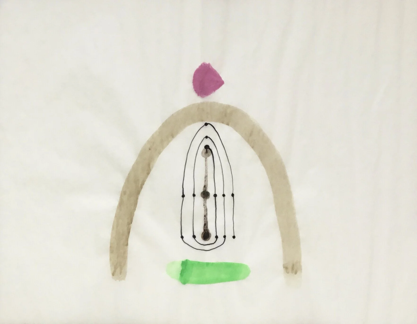 Mystery Path Open Archway Green and Pink, 2020, walnut ink nettle ink sepia ink and gouache on paper, 11x14