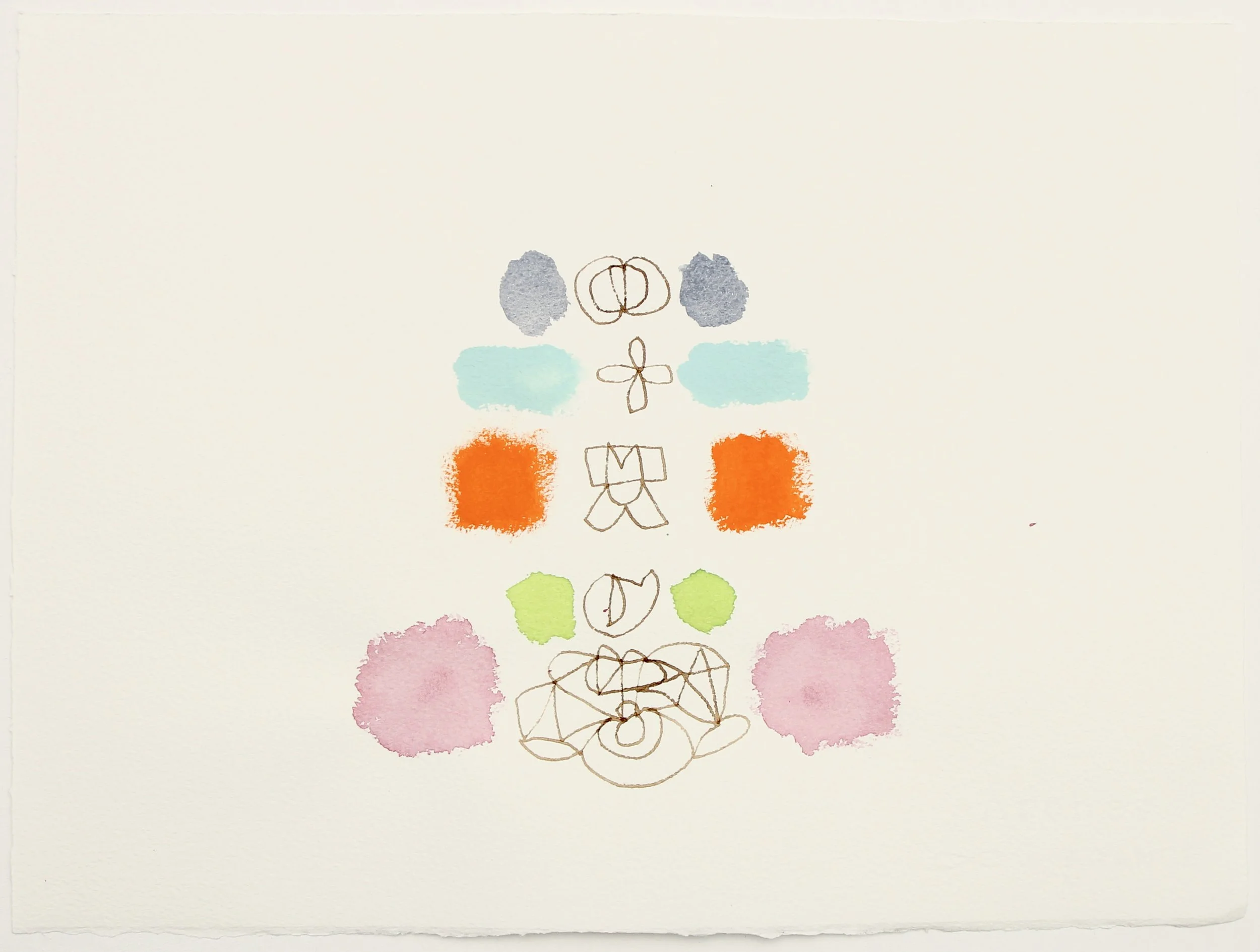 Mystery Semaphore with Kyanite and Serpentine, 2022, walnut ink, gouache, watercolor, Kyanite and Serpentine on Arches paper, 11X15