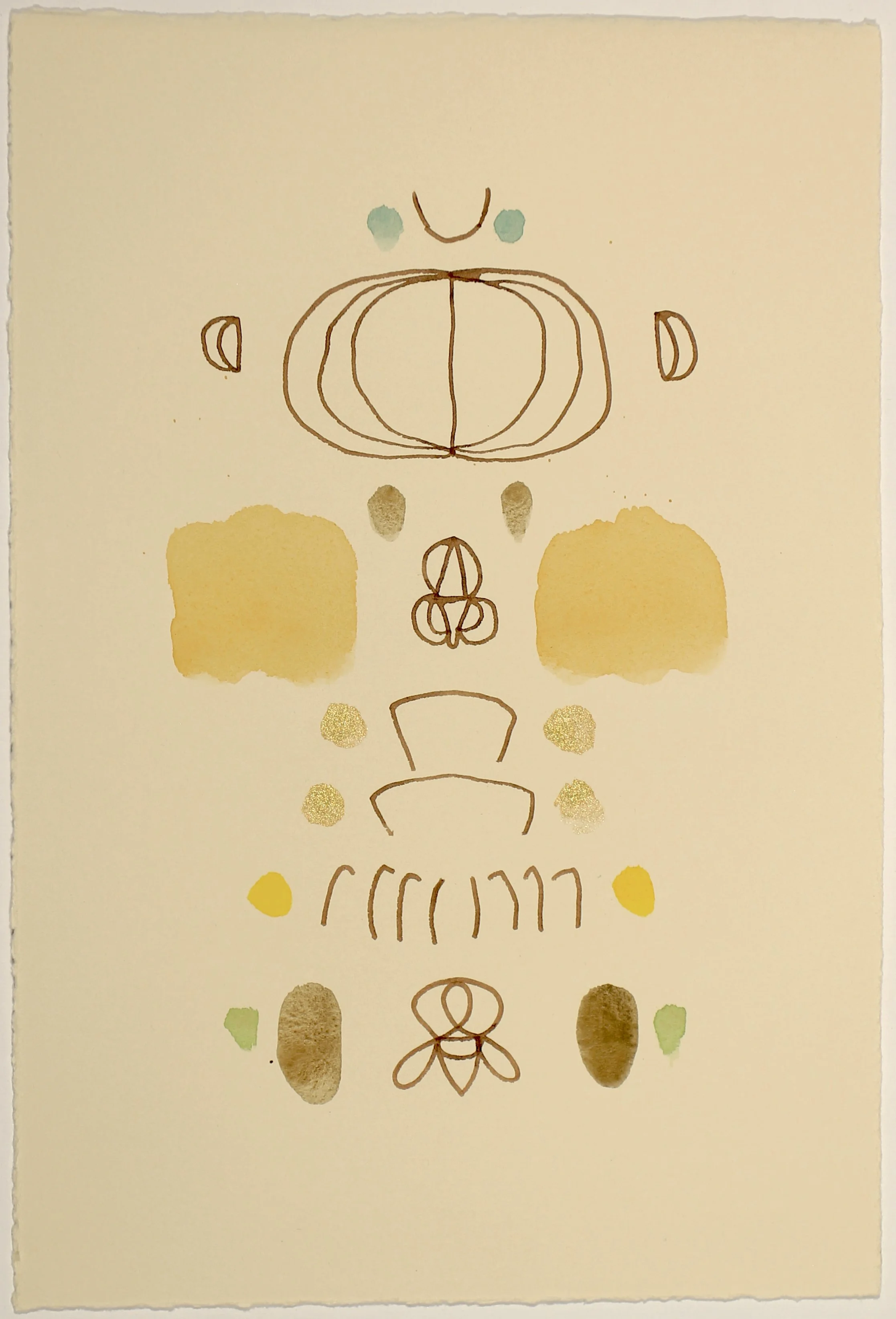 Mystery Semaphore with Tiger's Eye, 2022, walnut ink, rose water, gold mica, turquoise, tiger's eye and serpentine on BFK paper, 11X7.5
