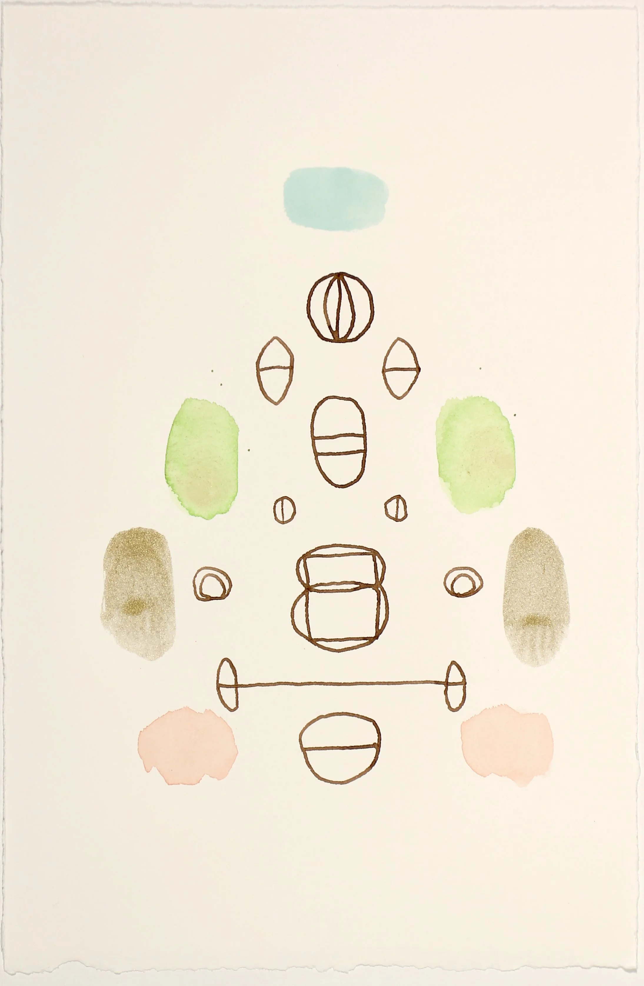 Mystery Semaphore with Gold, Garnet and Balance, 2022, walnut ink, serpentine, rosewaterm, gold mica, garnet, gouache and watercolour on Canson paper, 11X7.5