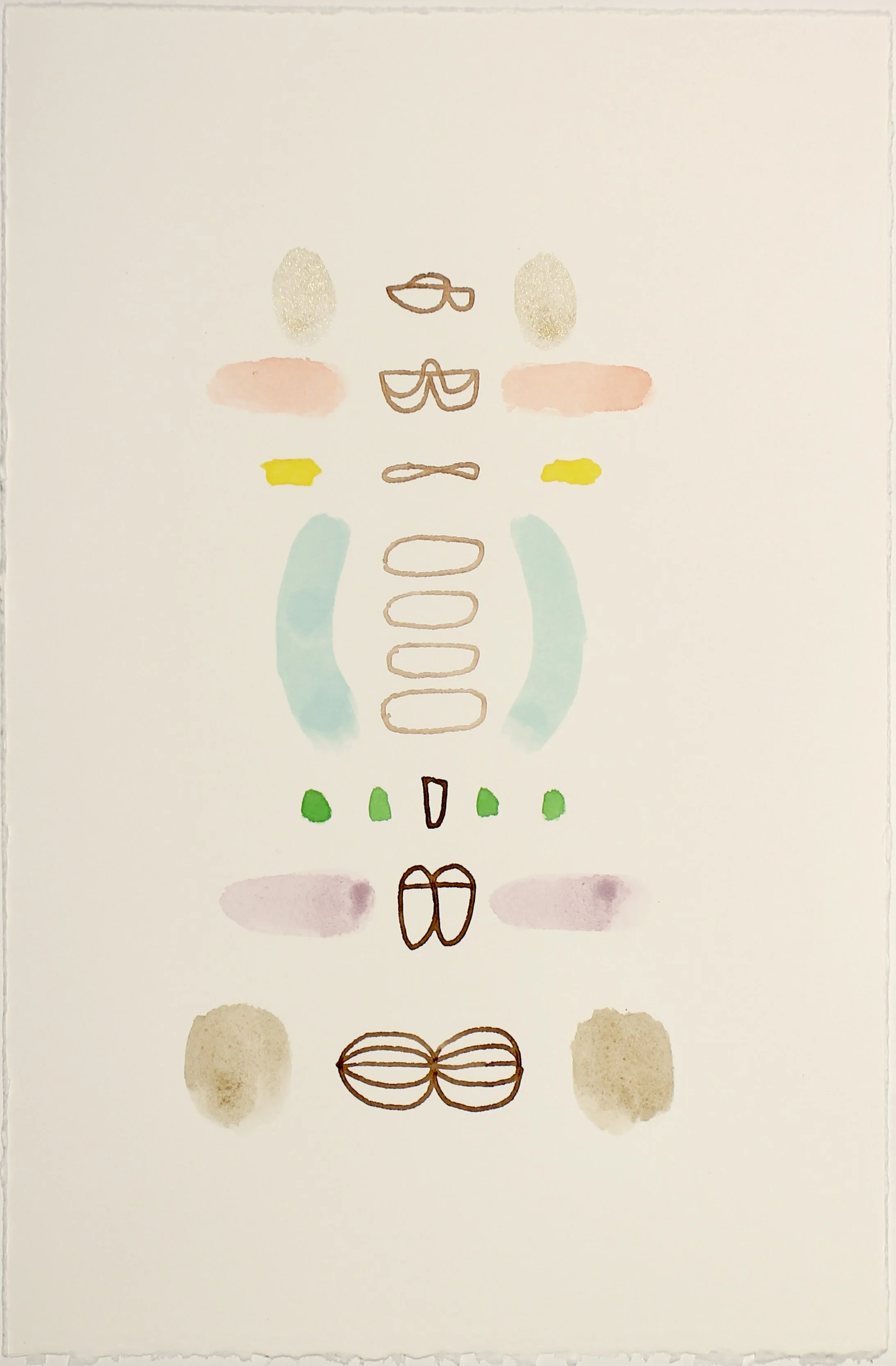 Mystery Semaphore with Green Seeds, 2022, walnut ink, rosewater, gold mica, garnet, tiger's eye, gouache and watercolour on Canson paper, 11X7.5