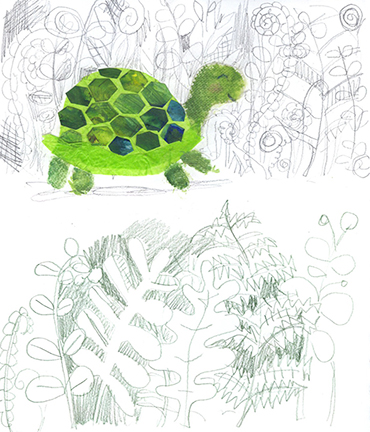 More collage (the design on the shell is from some used palette paper and the little guy's head is paper towel) and pencil