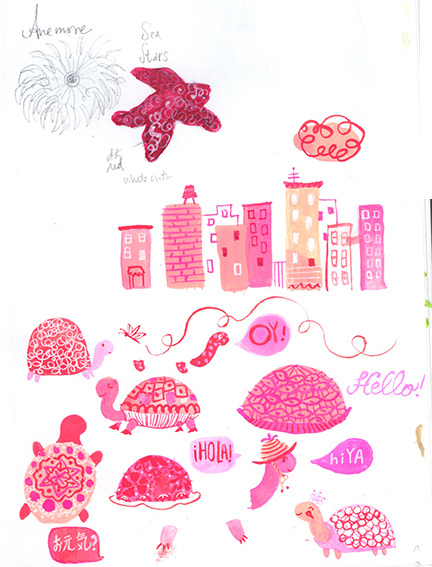 Gouache -- my new favorite "playing around" medium! I chose pink and magenta because it's one of the few colors that is still fresh -- so many others have dried up.... :(