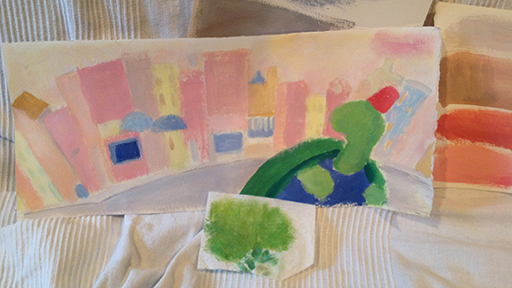 My rough painting with some extra swatches (I didn't end up using), along with a piece of paper towel (Bounty) that I painted on. I liked the texture I got when I was experimenting earlier.