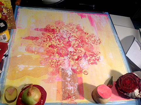 After making vegetable and fruit prints on the collage.