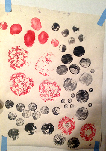 Testing some vegetable and fruit prints: Pomegranite, lemon, cabbage, celery, okra, potato, carrot, parsnip.