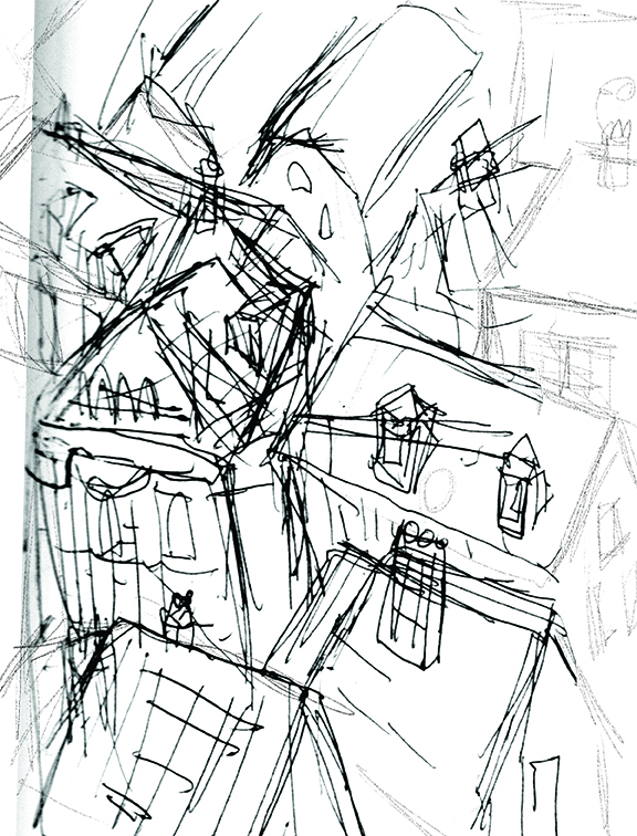 This is my original thumbnail sketch in my notebook. I work really small, then enlarge in Photoshop.