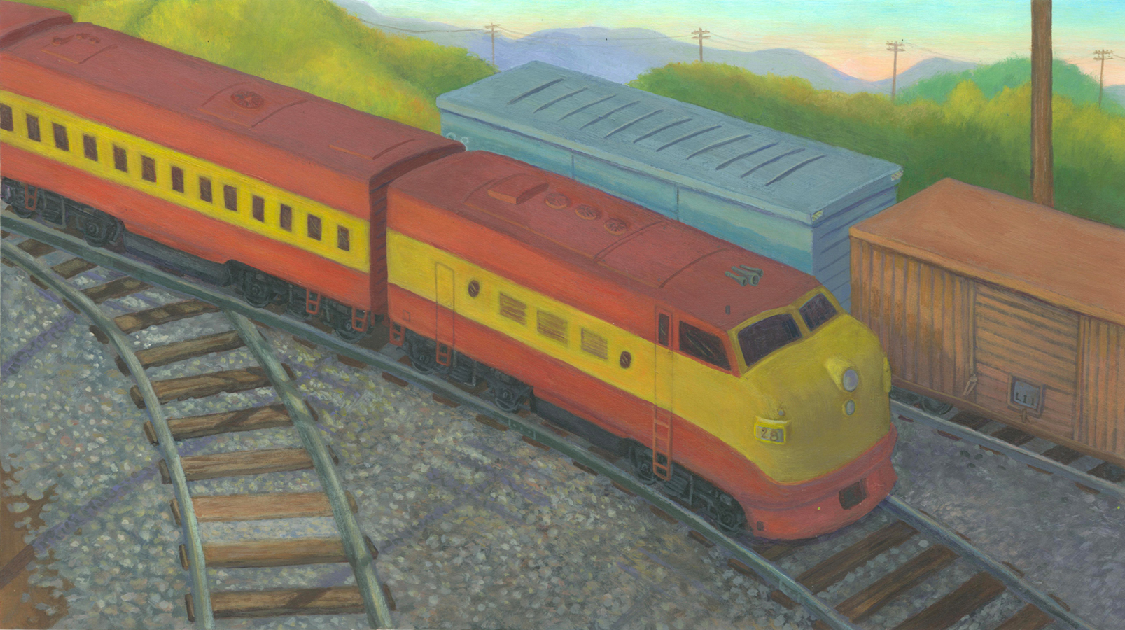 This painting is based on a toy train I bought during my research phase.