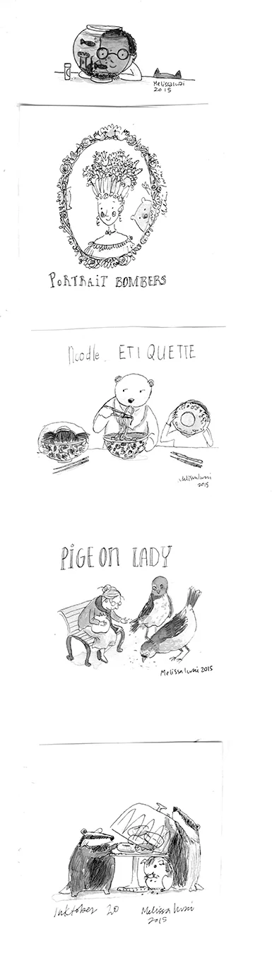 Something Fishy, Portrait Bombers, Noodle Etiquette, Pigeon Lady, Badgers and Guinea Pig Raiding Donuts