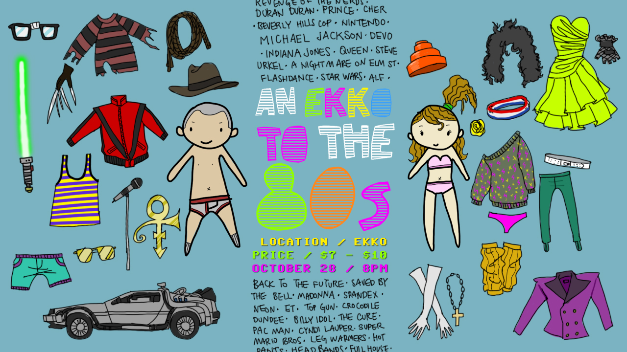 Ekko Halloween | Back to the 80&#8217;s Party
&#8220;Life can only be understood backwards; but it must be lived forwards.&#8221;- Soren KierkegaardWHERE &amp; WHEN / Ekko&#8217;s Warehouse OCTOBER 28th (This Friday!) 8:00PMDRESS CODE / 1980s clothi…