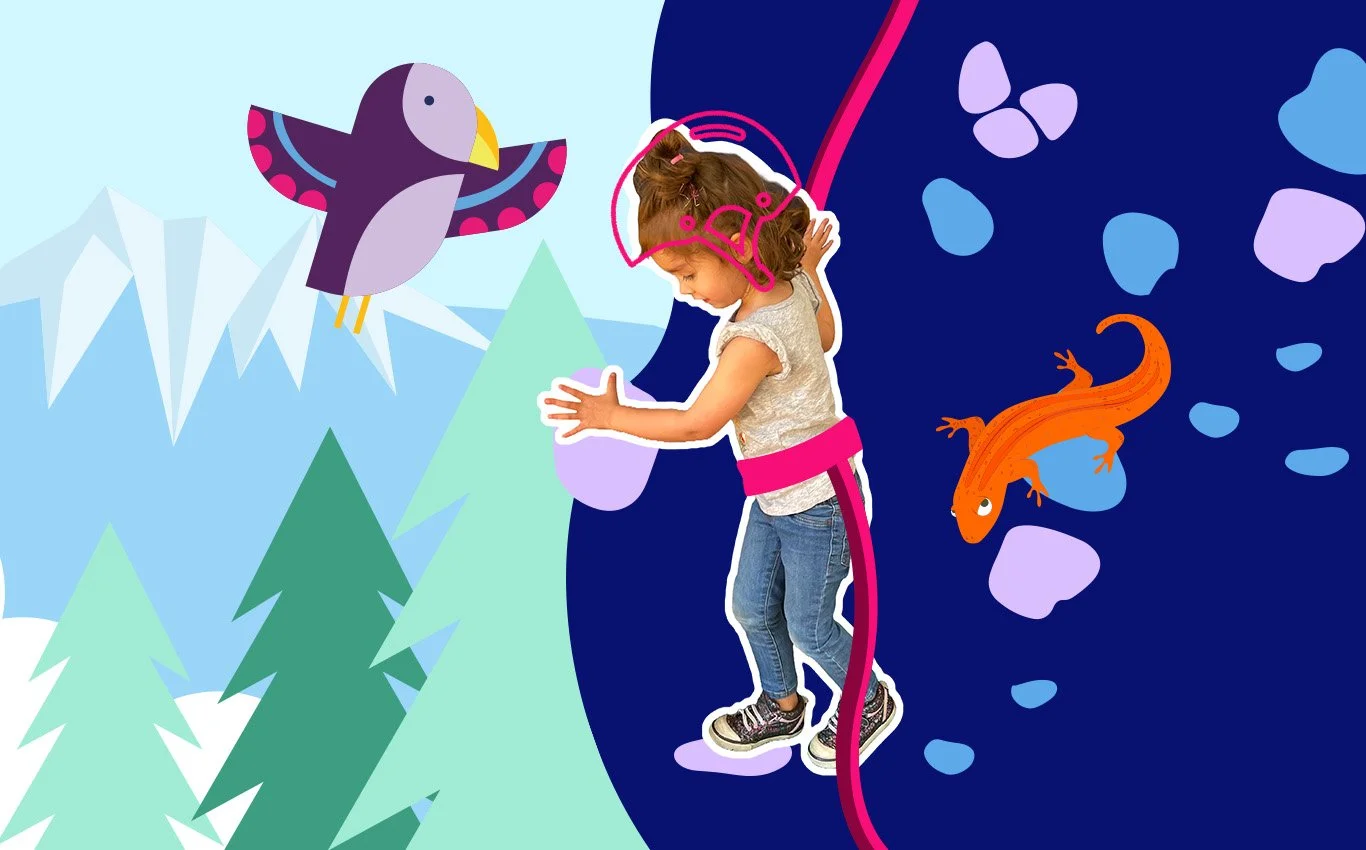 A young girl is superimposed on a colorful mountain-themed graphic, wearing a helmet and climbing gear as if she is rock climbing with trees and snow capped mountains in the distance. She is surrounded by a purple bird flying and a orange lizard.