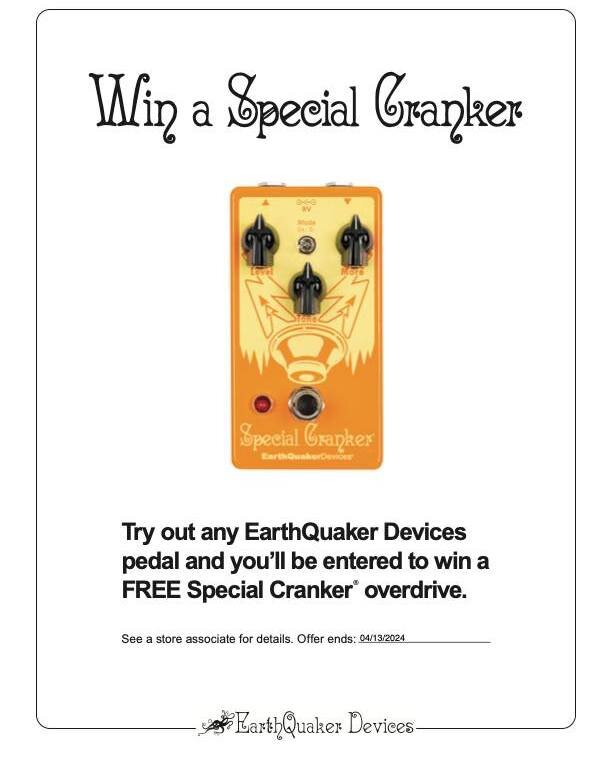 Giveaway time.  Anyone that comes into the shop between April 1,2024 and April 13, 2024 and tries out a @earthquakerdev  pedal will be entered to win a special cranker overdrive pedal.  All you have to do is ask to try out a earthquaker pedal and giv