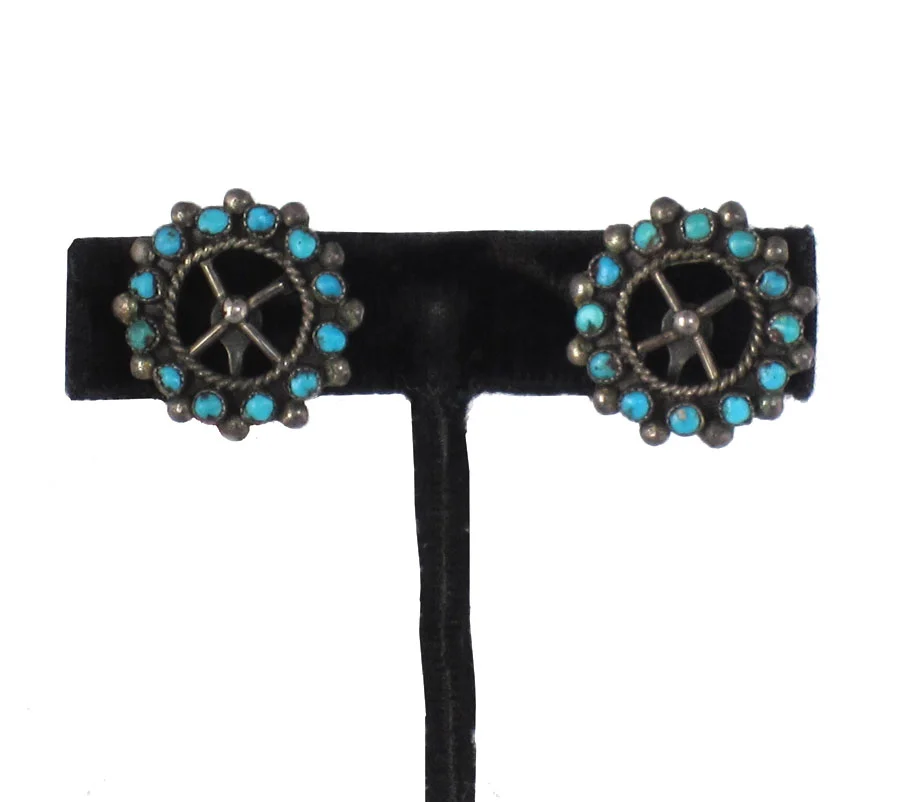 Zuni petit point earrings in form of wagon wheels