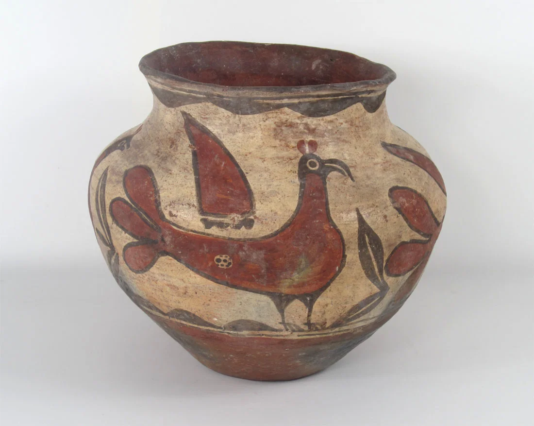 Zia Historic jar with 2 parrots and 2 “Zia” birds http://www.marcyburns.com/pottery-collection/zia-jar-with-birds