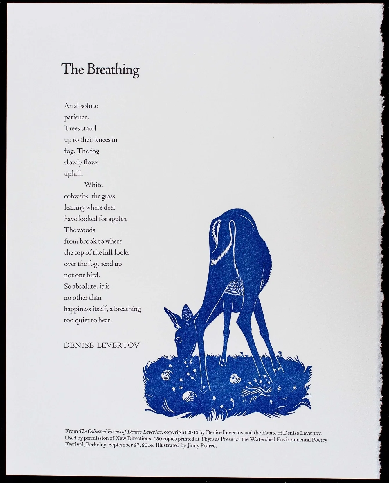 Thyrsus Press broadside of "The Breathing" by Denise Levertov for the 2014 Watershed Environmental Poetry Festival.