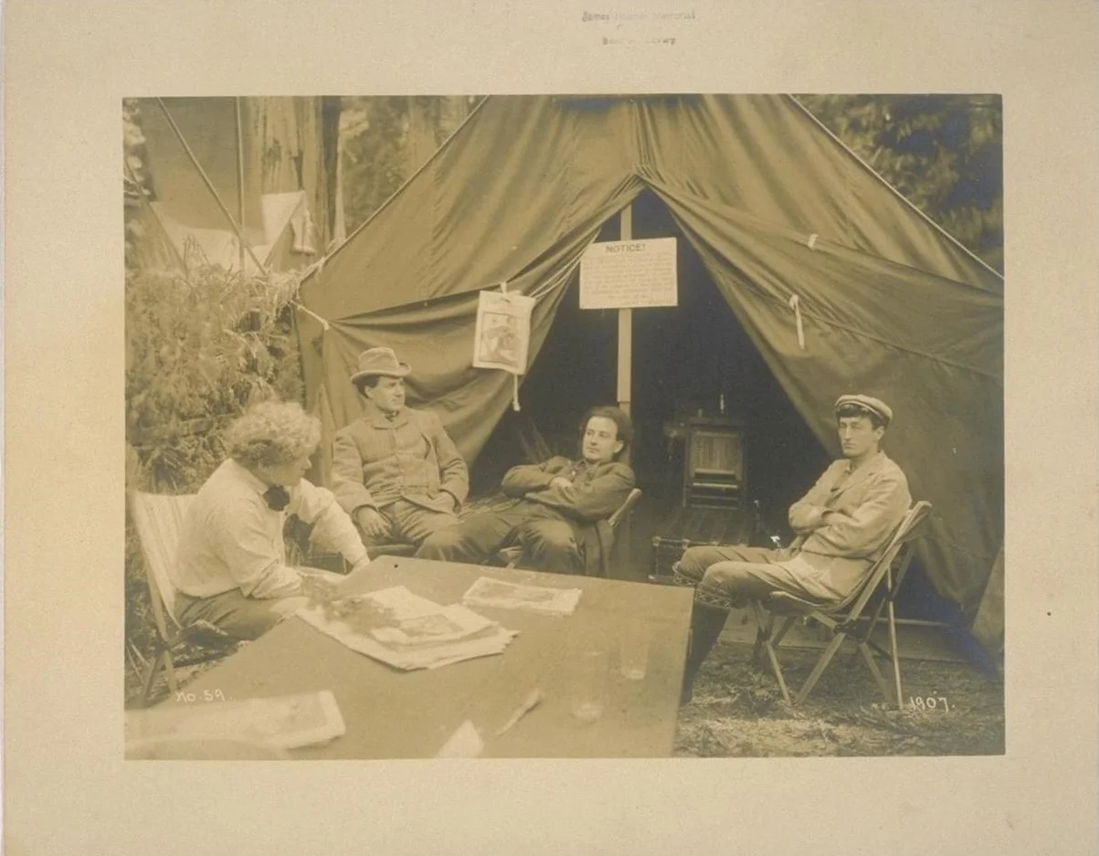 James Hopper, Herman Scheffauer, Harry Lafler, and George Sterling at the Bohemian Grove, 1907. (Source: UC Berkeley, Bancroft Library)