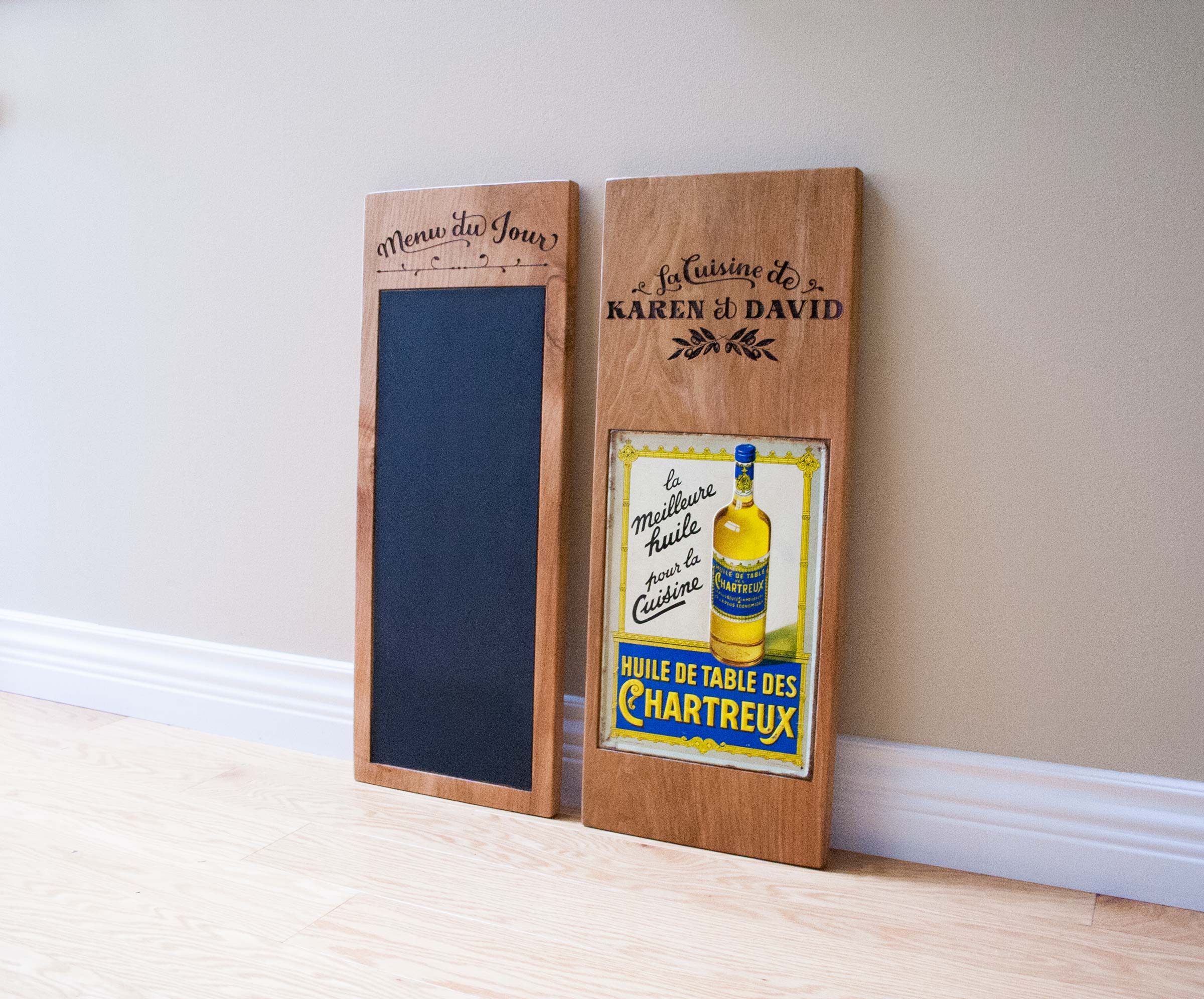 One is a menu board to showcase the day's featured dishes, while the other keeps a special momento safe. 