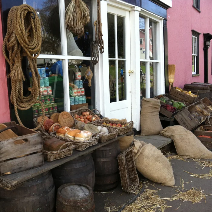 Shop window dressed for filming comedy series Chickens