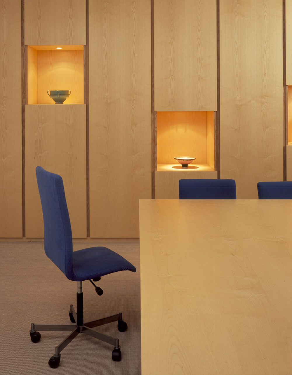 Upholstered bentwood desk chairs and solid maple conference table designed for Namco.
