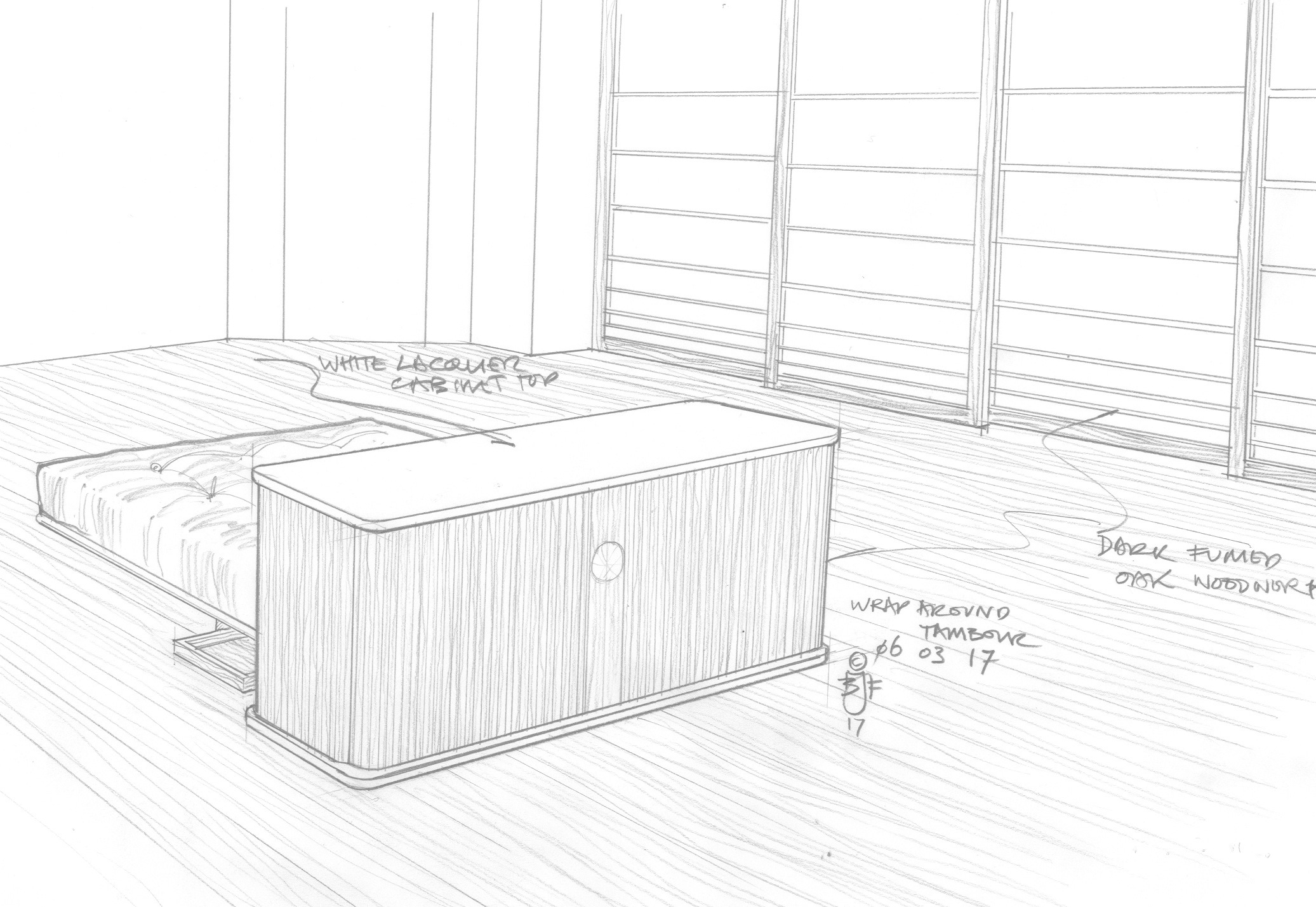 A pencil concept sketch showing the tambour wrapped cabinet and bed arrangement