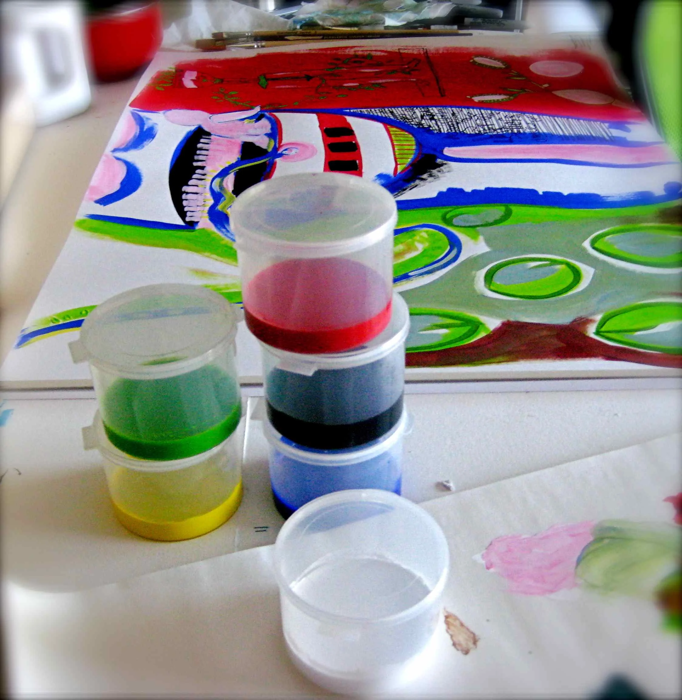 The supplies - I set up my paints to be easily accessed, easy to clean up and cheap to waste.