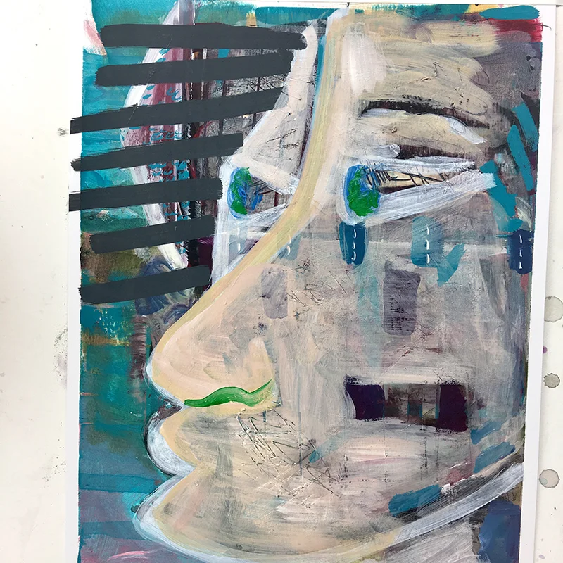 Blocking out with solid, stripes and some translucent paint so I don’t get stuck in what is there.