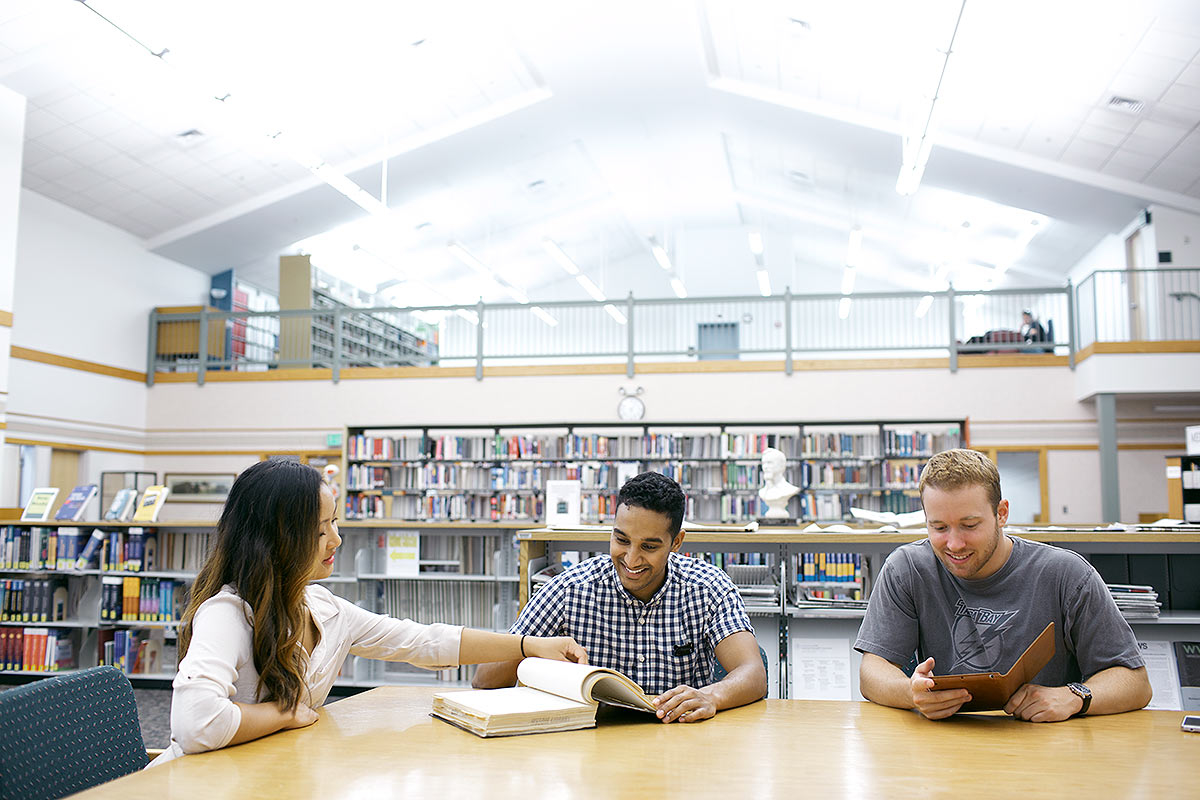 Students study on campus in the library.