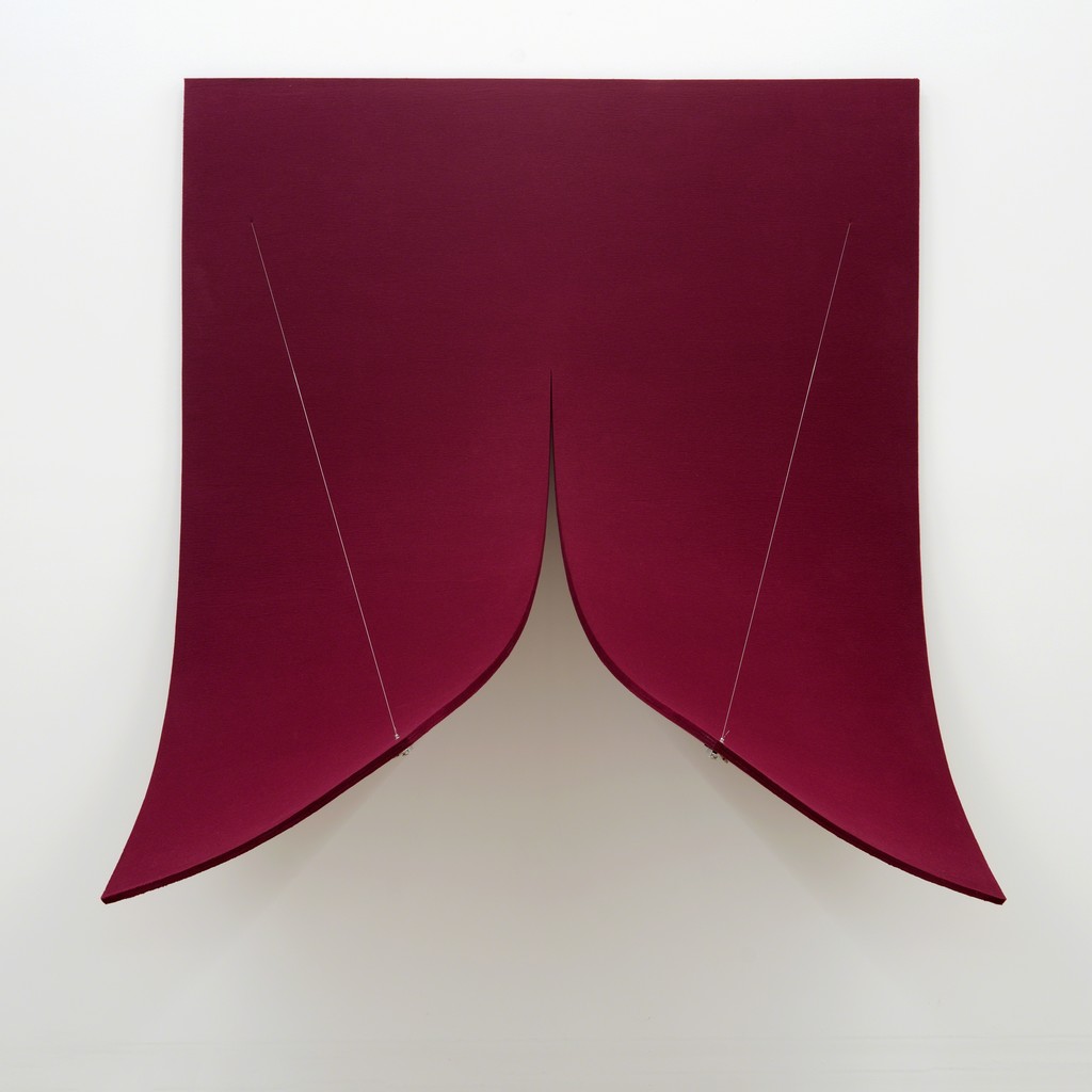 Work On Felt (Variation 8) Bordeaux , 2016, felt, carbon fiber, epoxy, wood, guitar tuning peg, piano string, piezo, amplifier, 75 × 65 1/2 × 35 1/2 in. Photo: Jesus Petroccini.