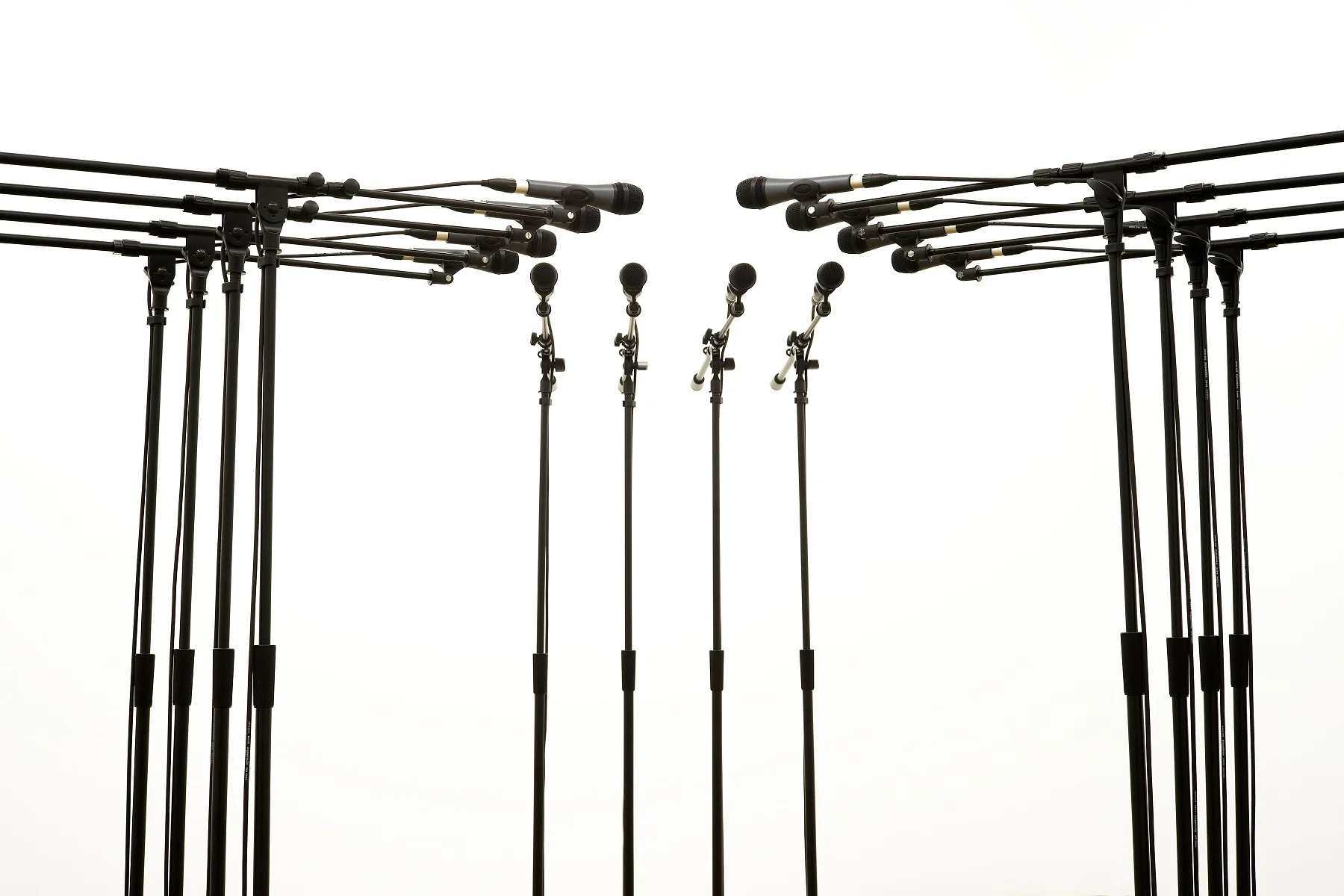 Barricade #3 , 2016, 12 microphones and microphone stands and matching audio equipment, 62 × 98 × 98 in. Photo: Diana Larrea.