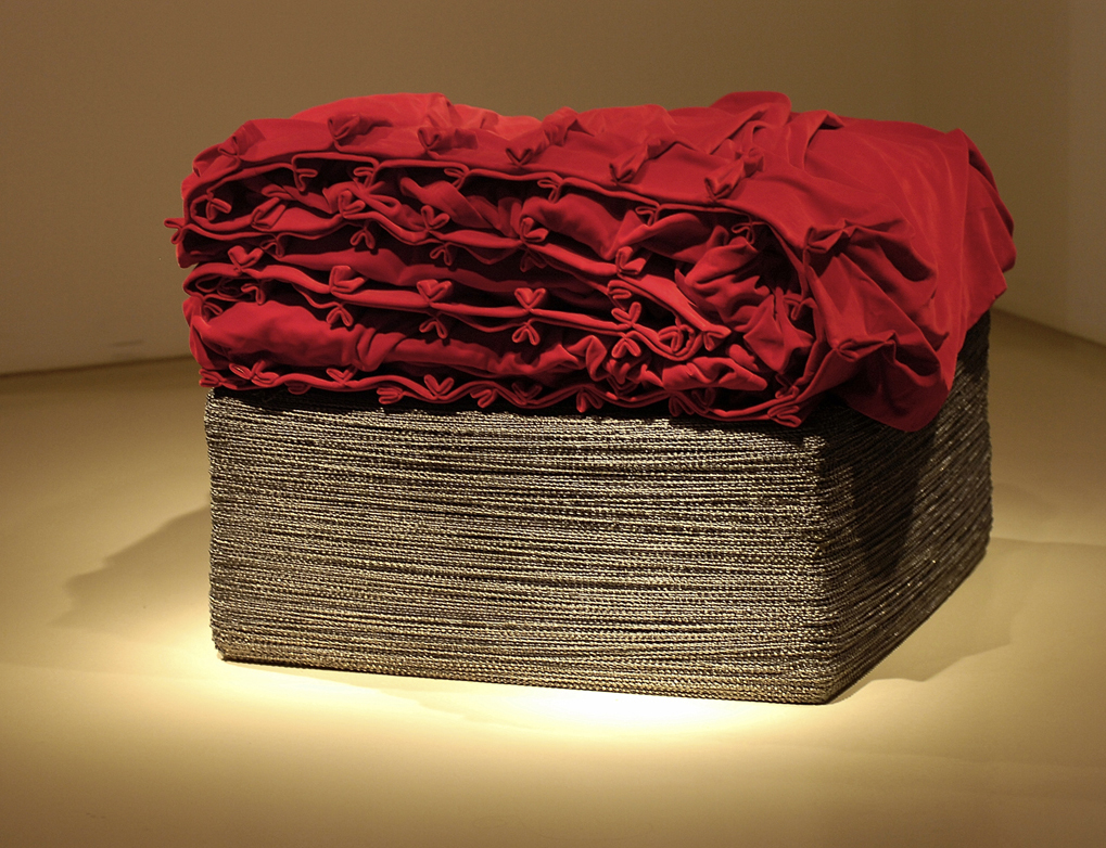 Curtain Cube , 2005, German velvet stage curtain, 3,000 meters of lead curtain weights, 25.5'' x 29.5'' x 29.5''. *Image from Gordon Gallery