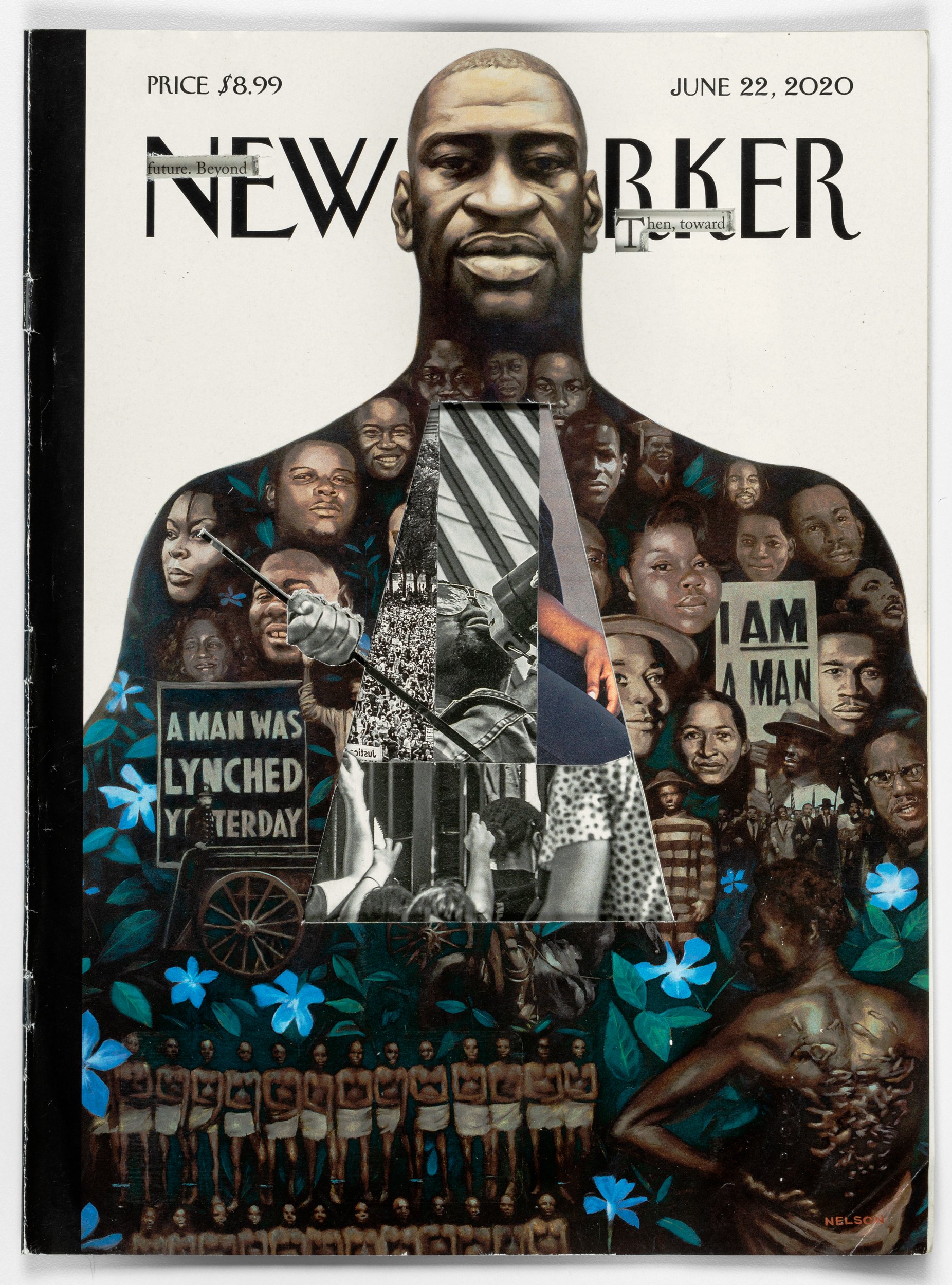 Future Beyond, Then Toward, 2020, incised New Yorker magazine